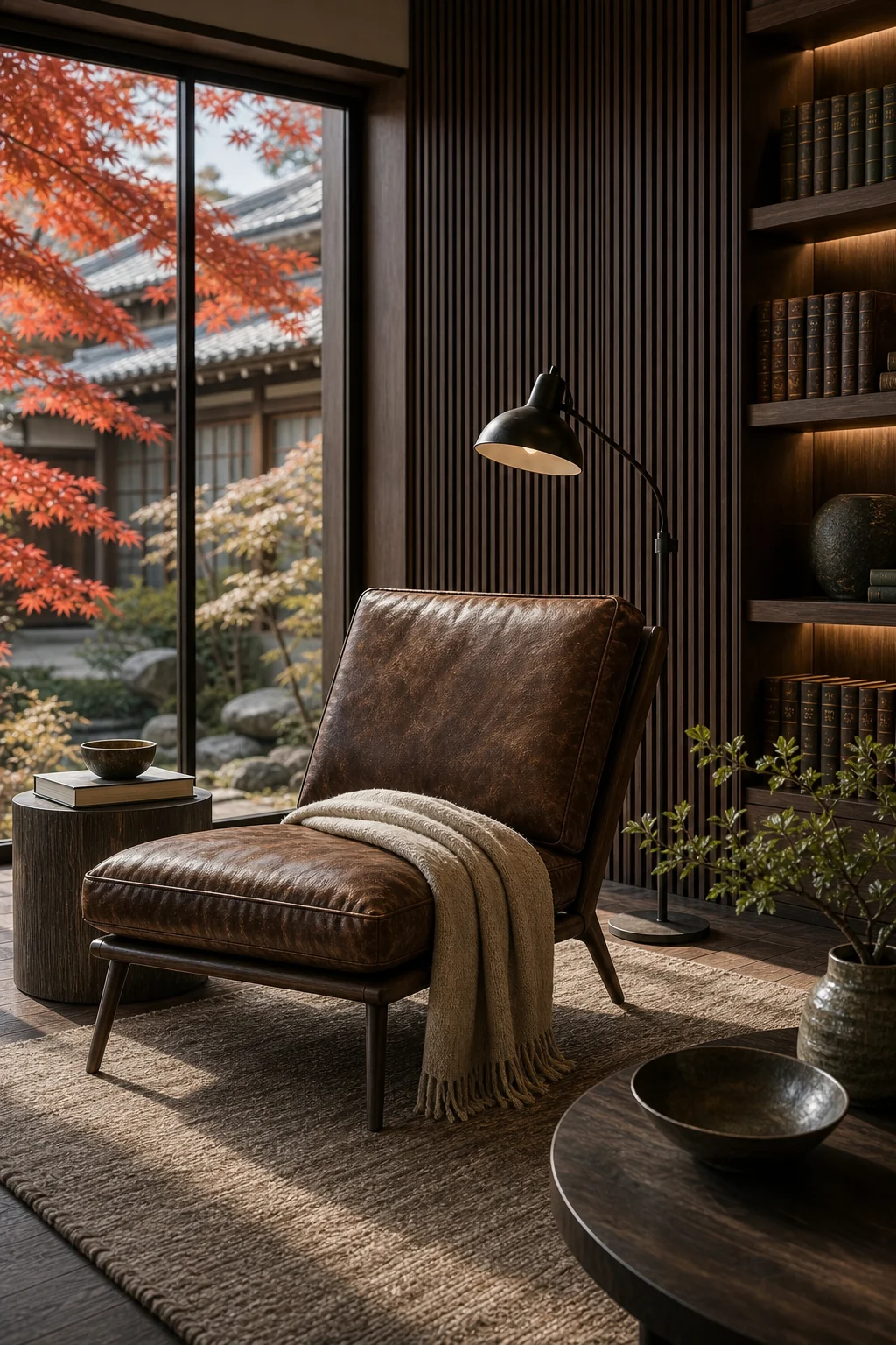Low-profile wooden lounge chair upholstered in dark brown distressed leather.