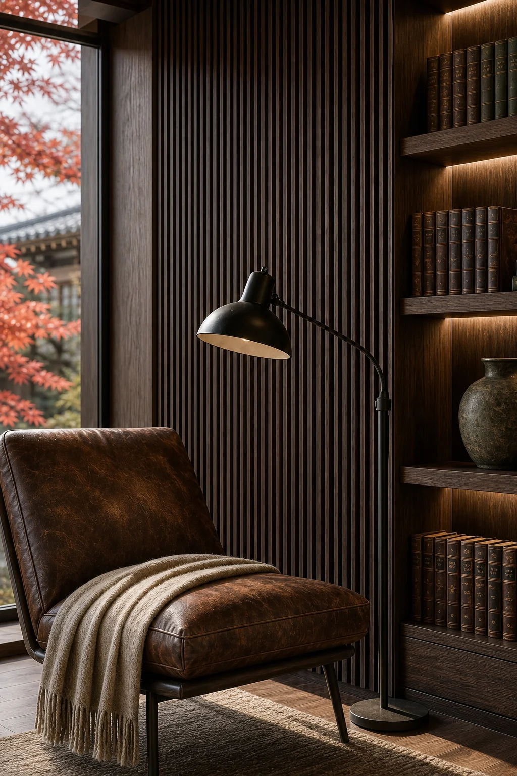 Detail of dark espresso vertical slatted wood wall paneling with a matte black reading lamp.