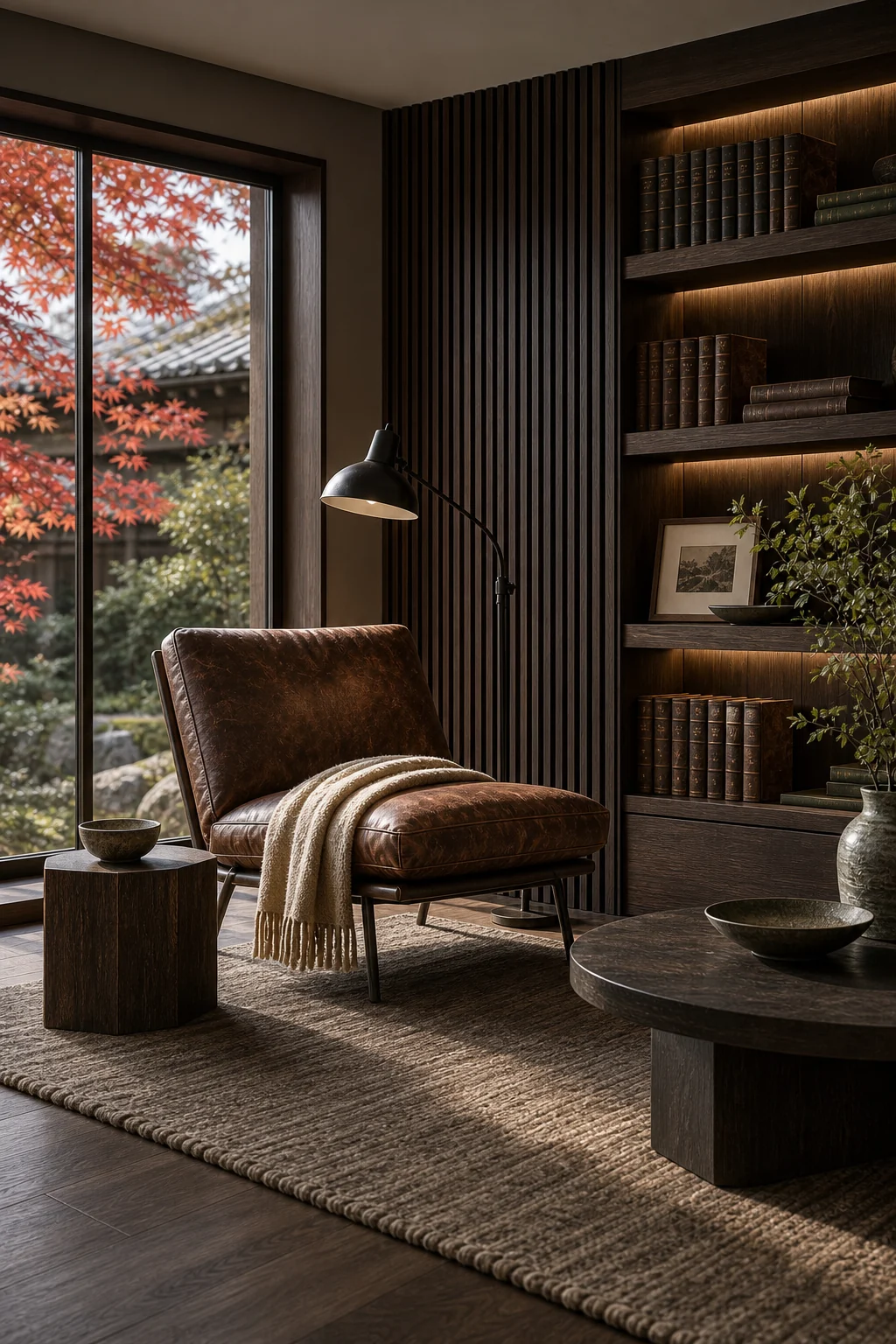 A leather lounge chair sits in front of a dark slatted wood wall next to a minimal side table.