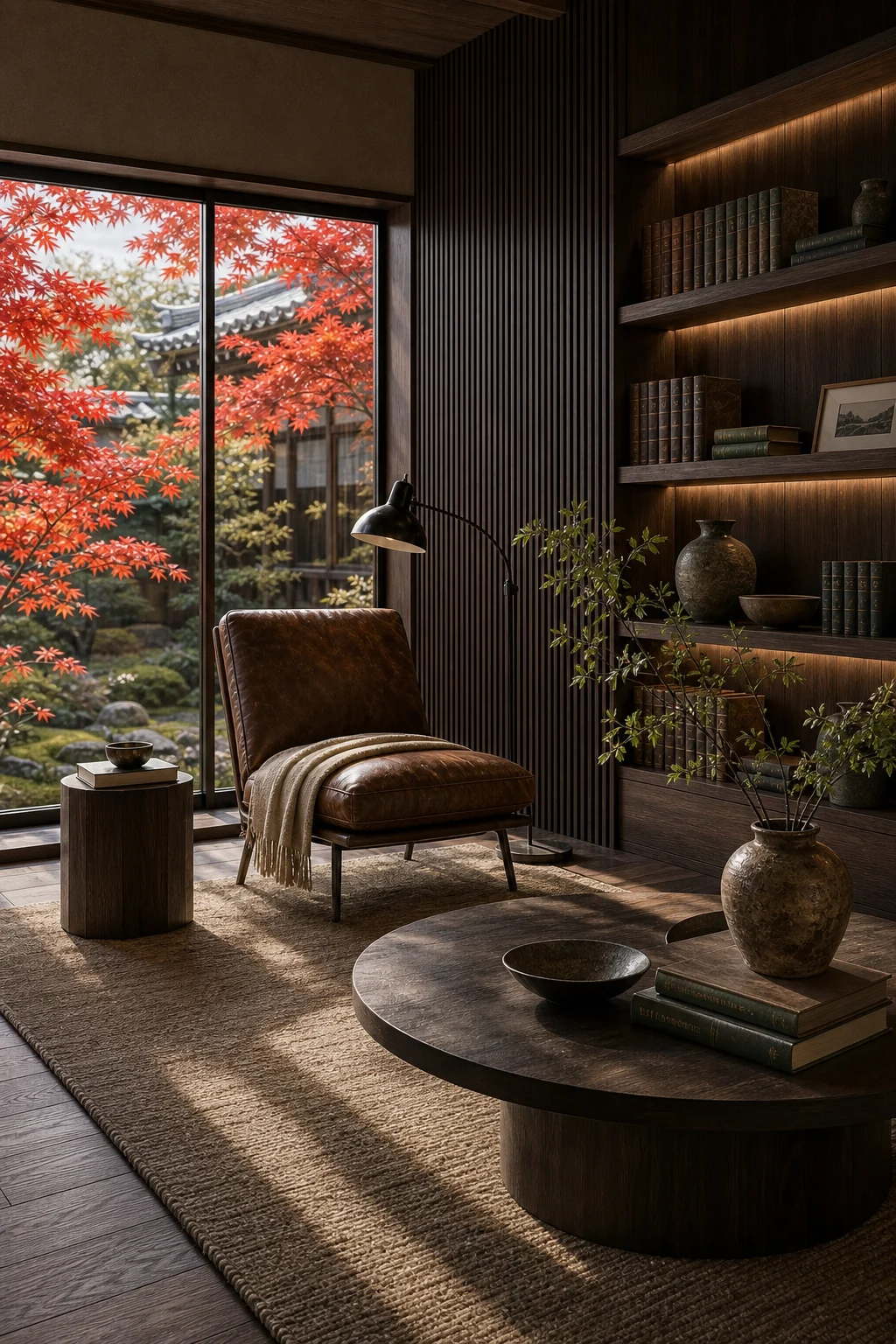 Large window showing red autumn leaves, casting bright natural light onto dark wood built-in shelves.