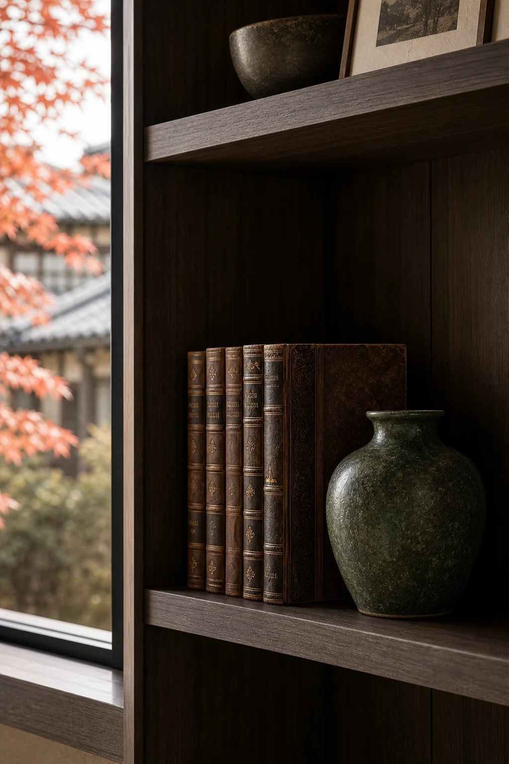 A single dark shelf holding three vintage books and one green ceramic vase surrounded by empty space.