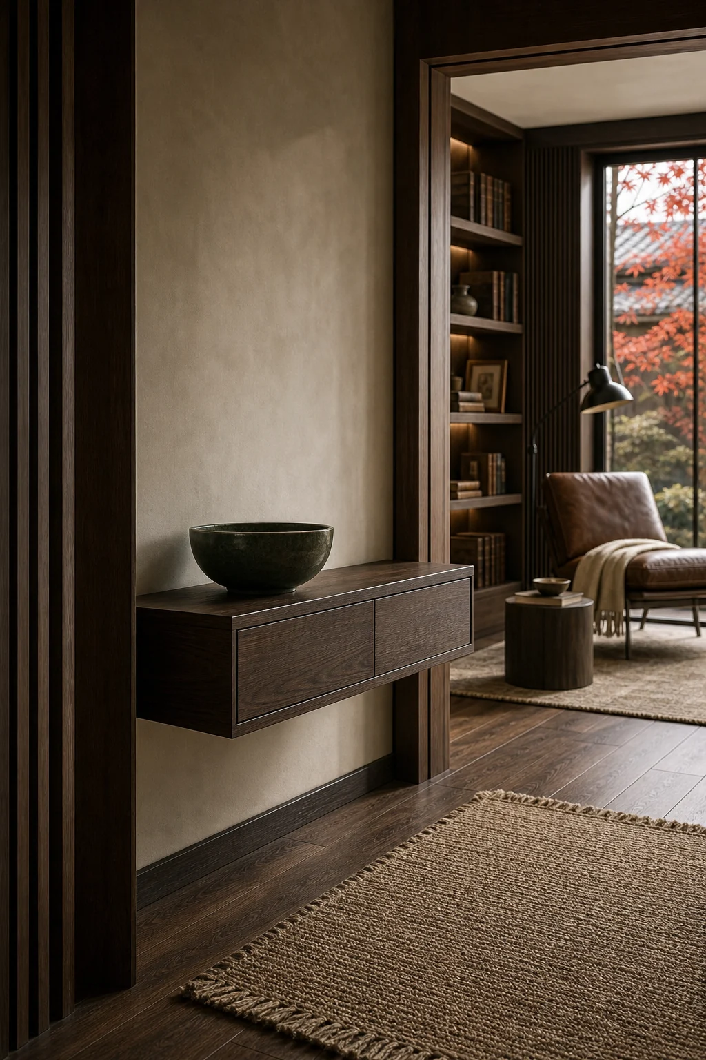 A dark wood floating console table in a minimal hallway holding a single ceramic bowl.