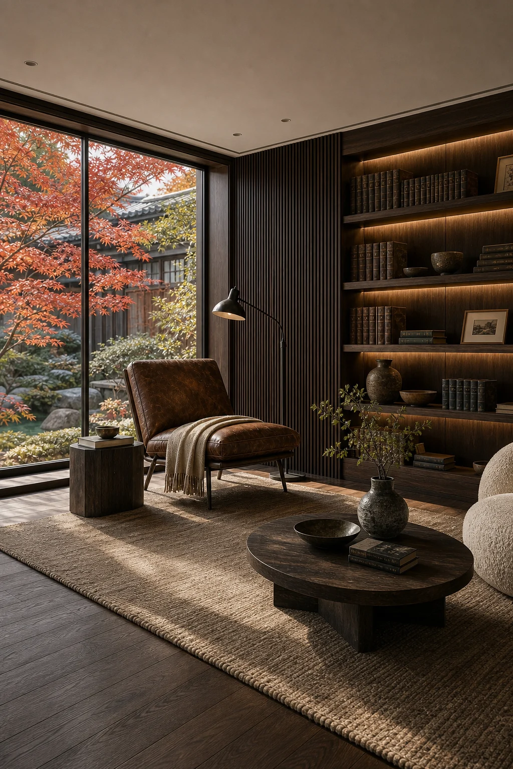 Wide shot of a reading nook showing a leather chair, dark slatted walls, and minimal bookshelves.