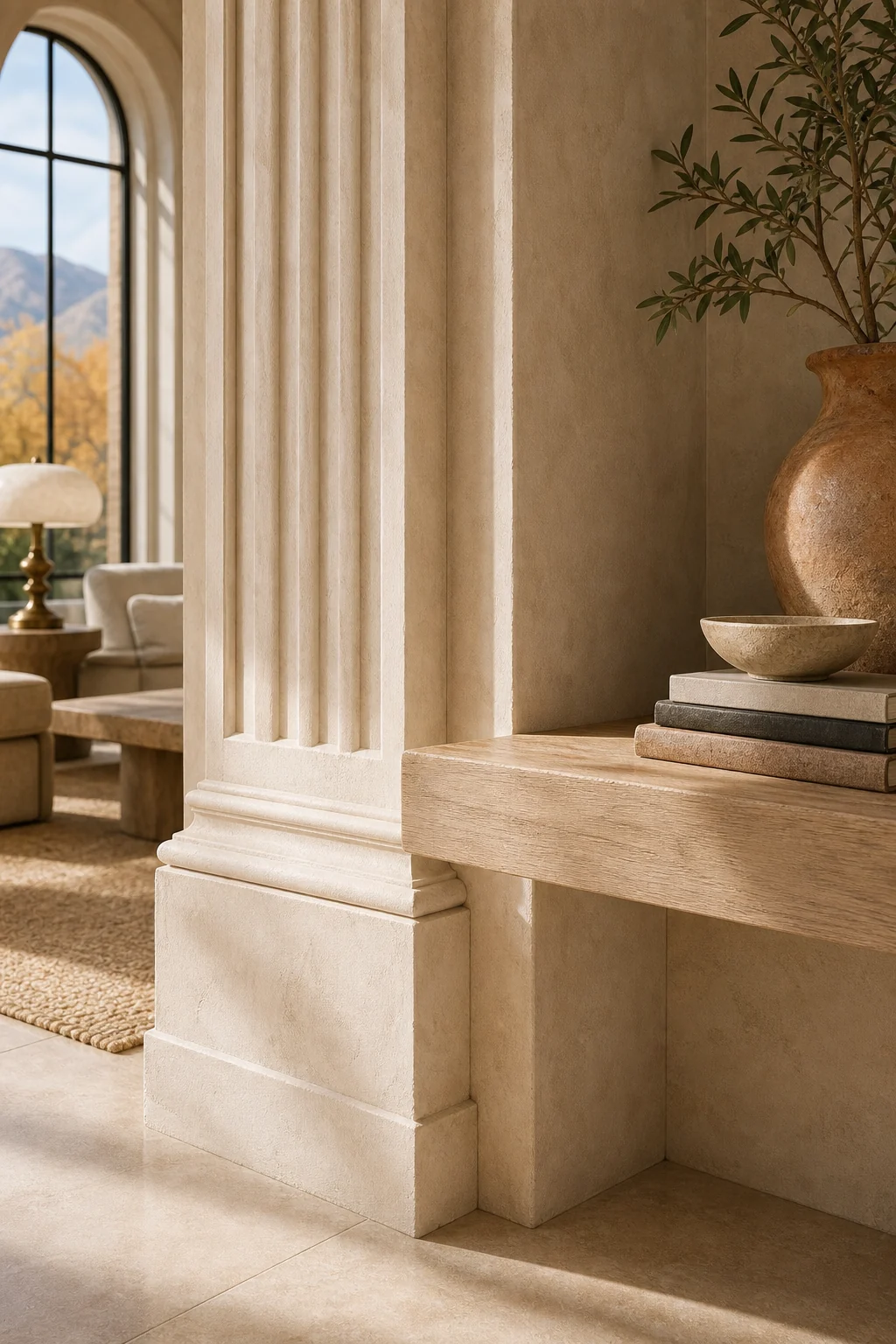 Close-up of a bone plaster fluted pilaster meeting a bleached oak shelf