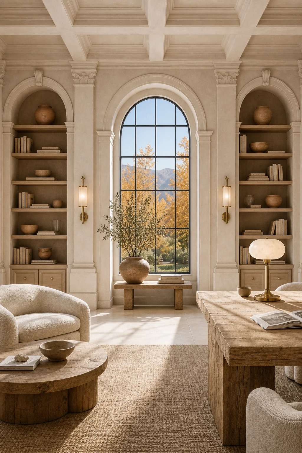 Symmetrical arched bookcases framing a tall window in a library