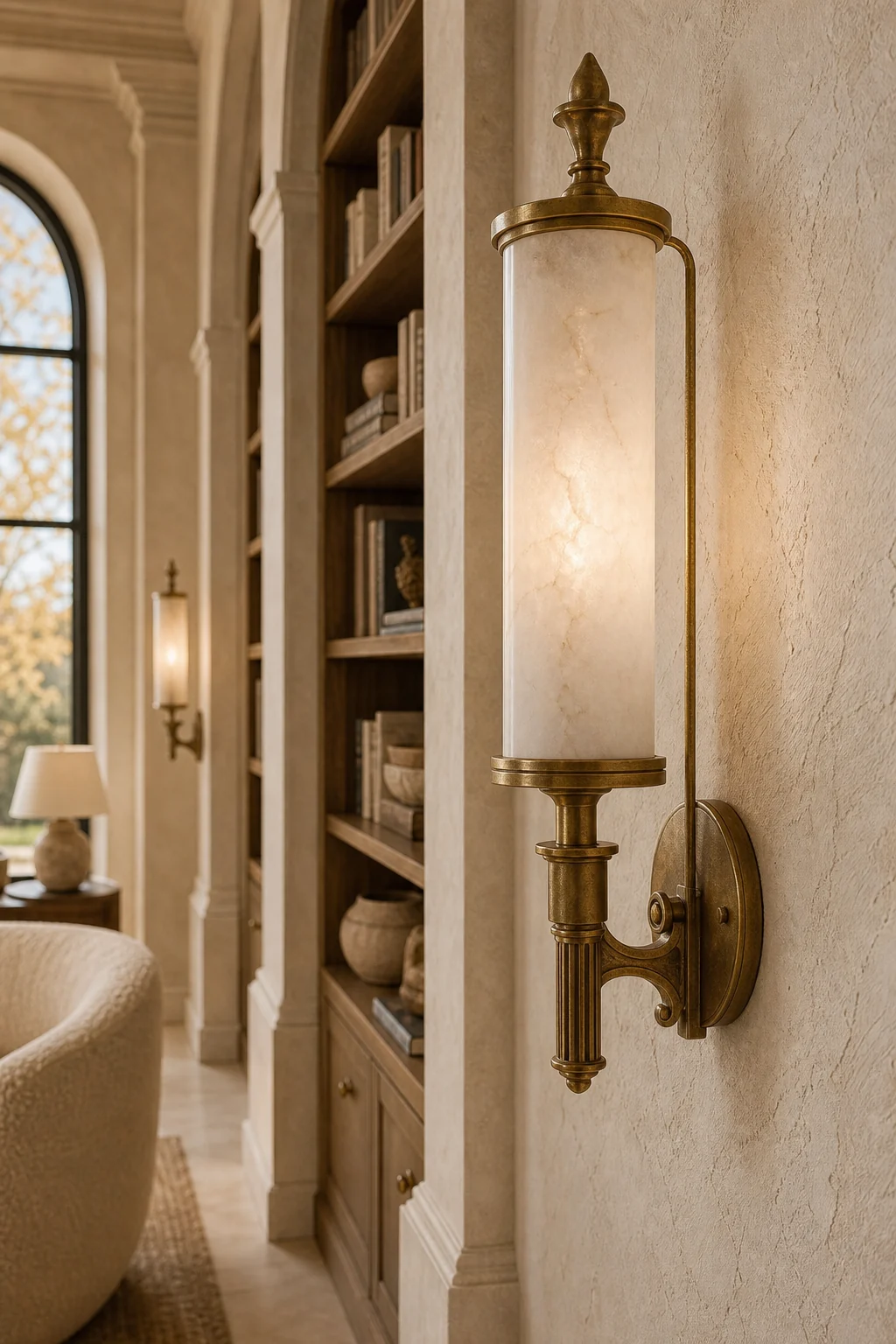 Macro detail of an alabaster and unlacquered brass sconce on a plaster wall