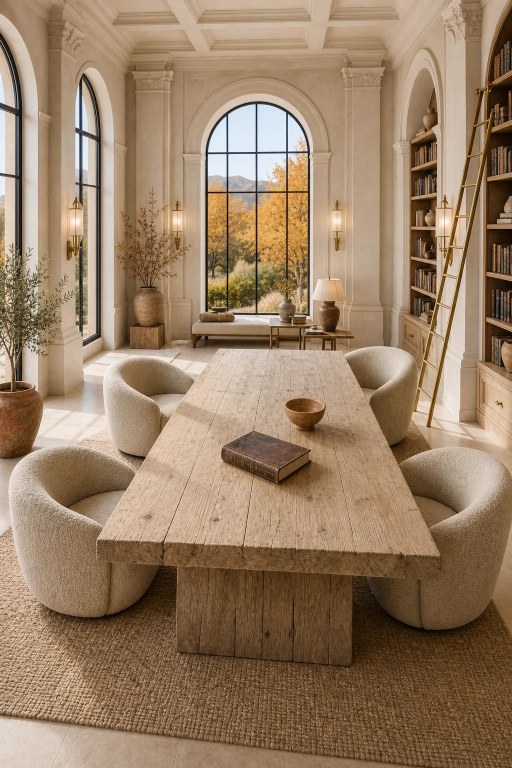 Low-slung bouclé chairs around a monumental bleached oak table