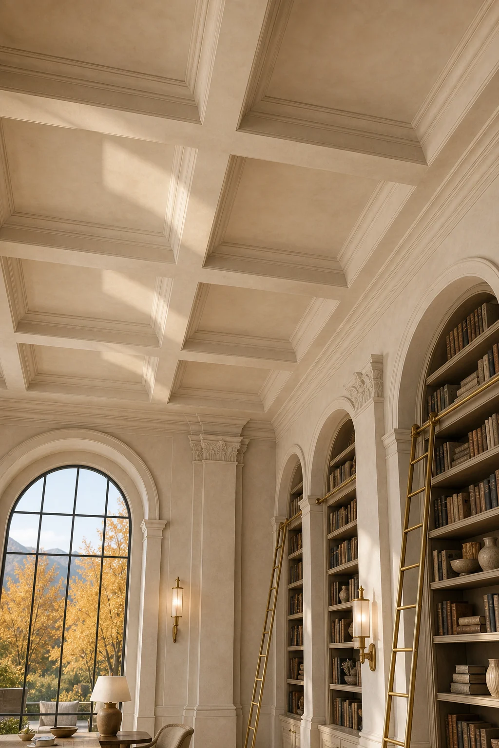 Sunbeams hitting a coffered plaster ceiling and upper bookcases