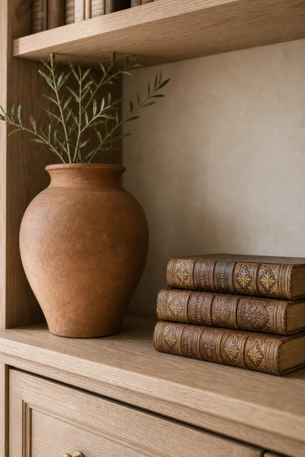 Library shelf detail with a terracotta vessel and leather books