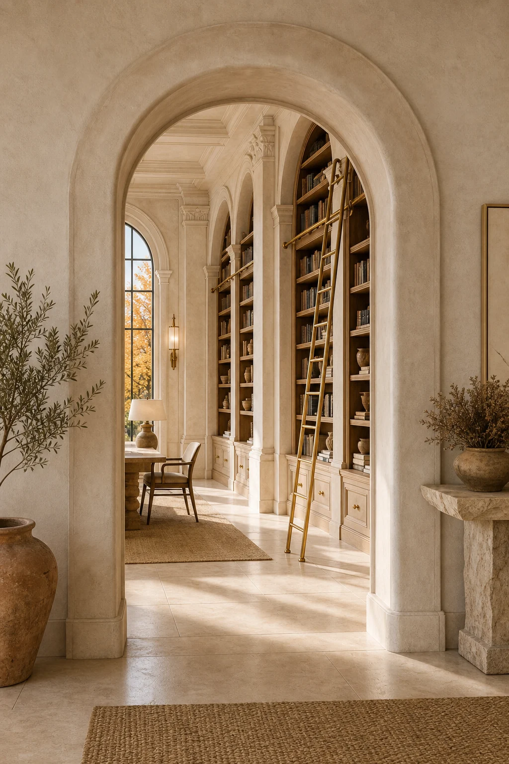 View through a plastered archway into a library with a brass ladder
