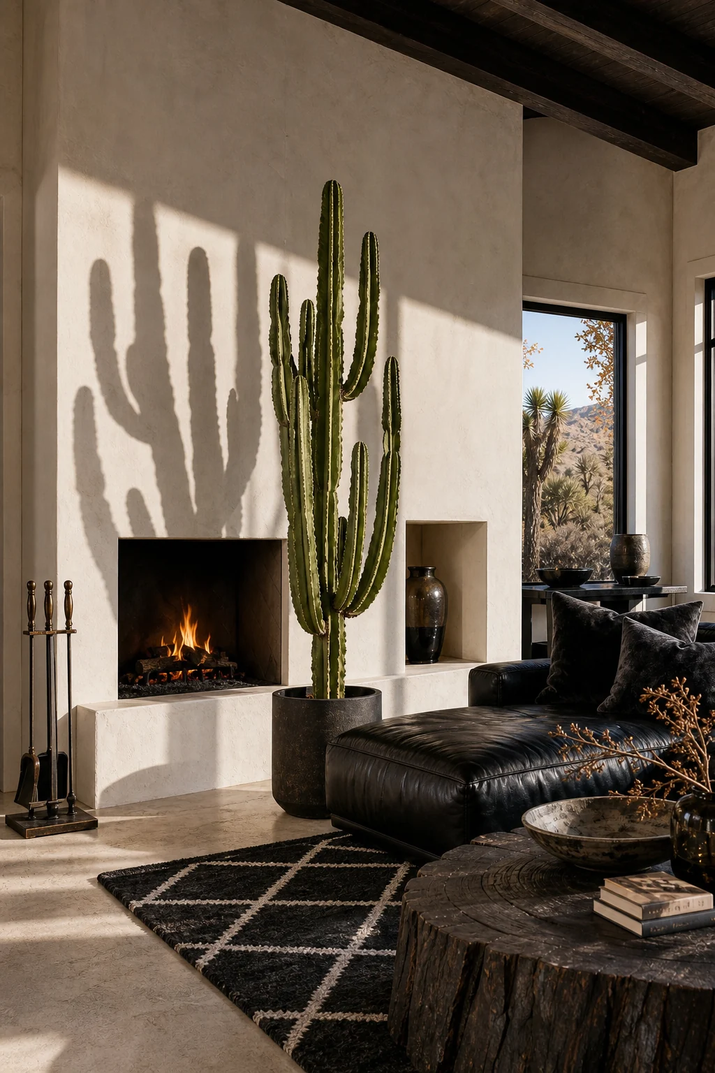 Bone-white adobe plaster fireplace with a large San Pedro cactus casting sharp shadows and dark bronze fireplace tools.