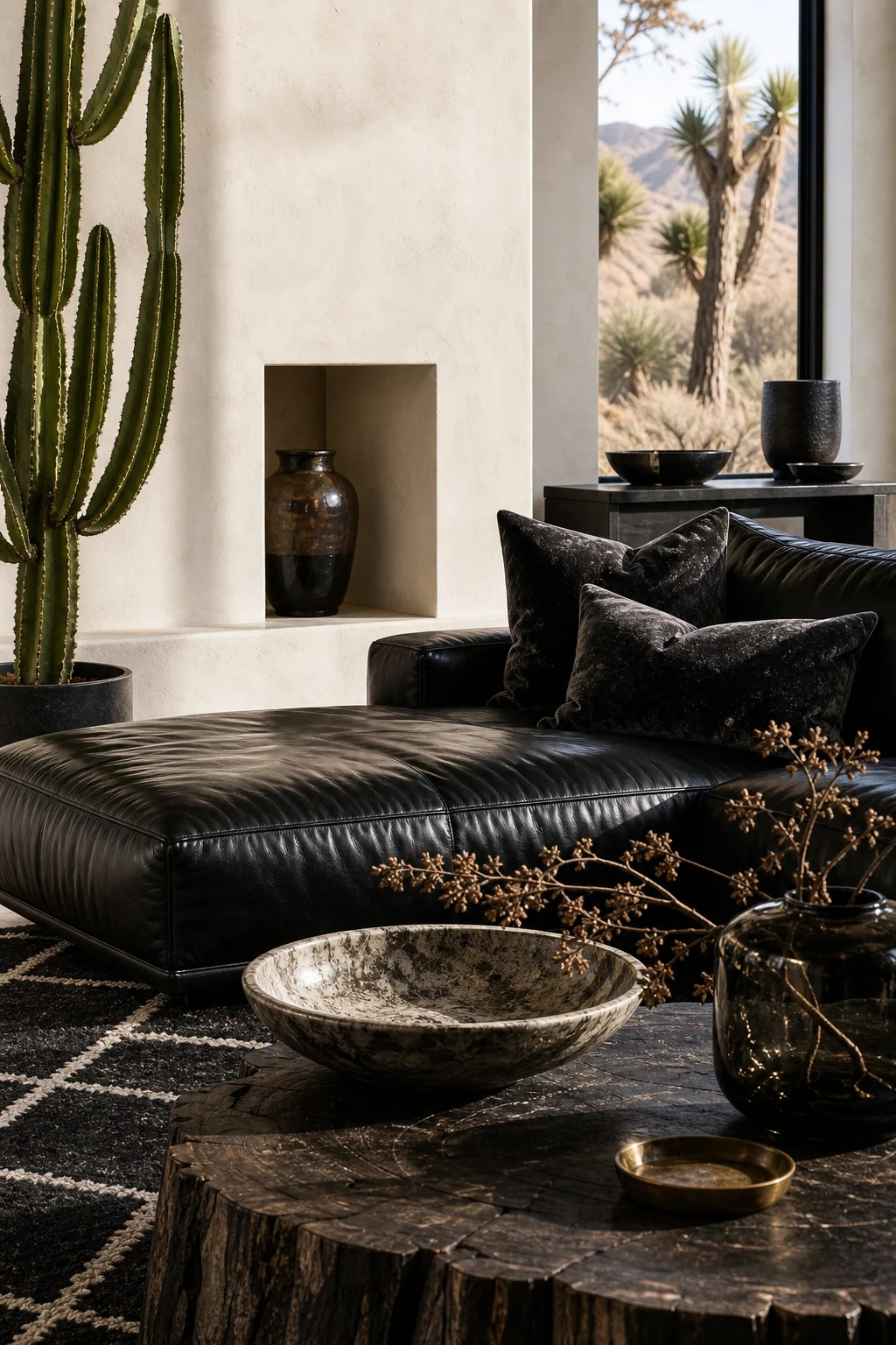 Close-up of a low-slung, tailored black leather modular sofa with dark charcoal velvet pillows against a raw bone-white adobe wall.