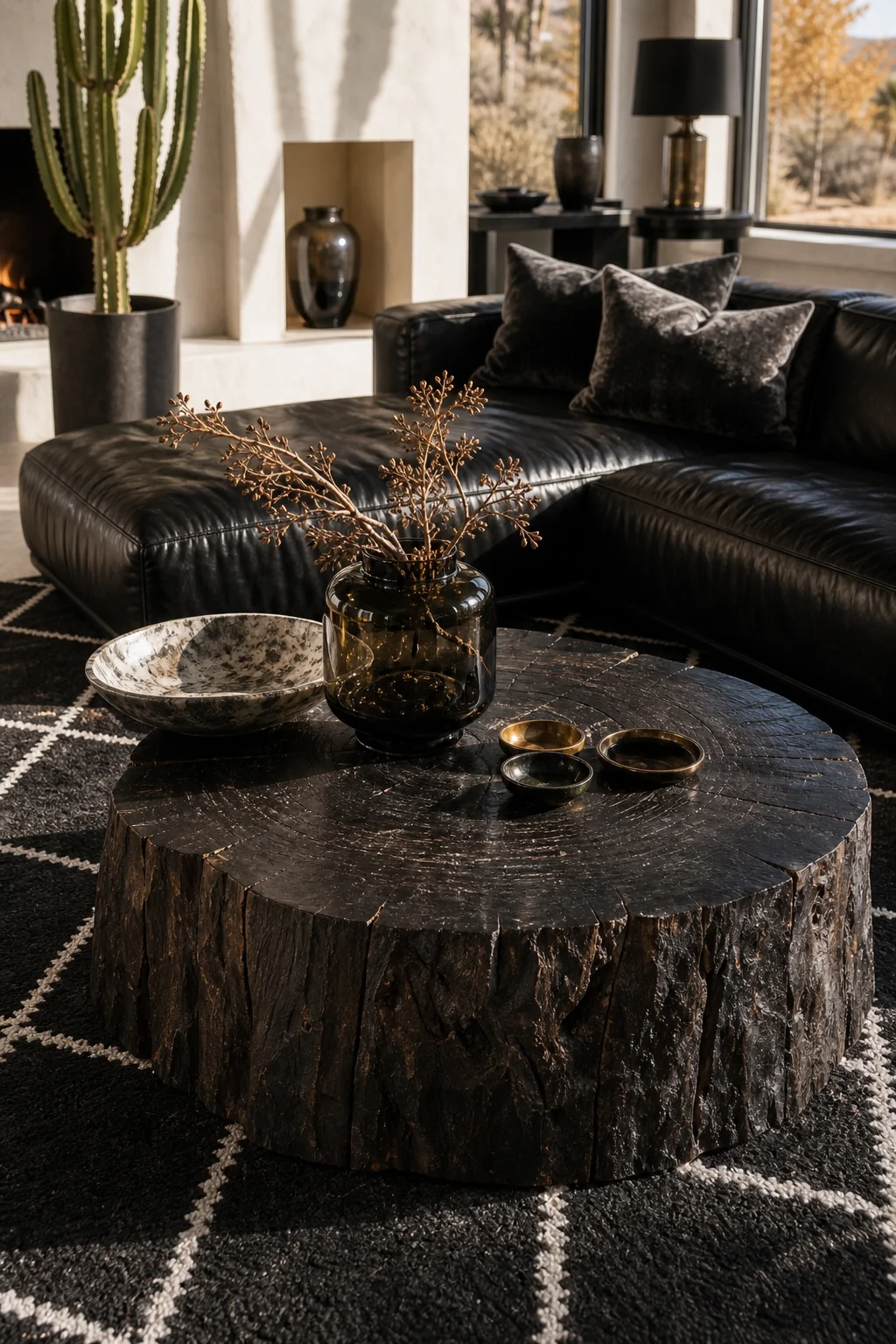 High-angle detail of a raw ebonized wood stump coffee table on a black-and-white geometric Moroccan flatweave rug with a smoked glass vase.