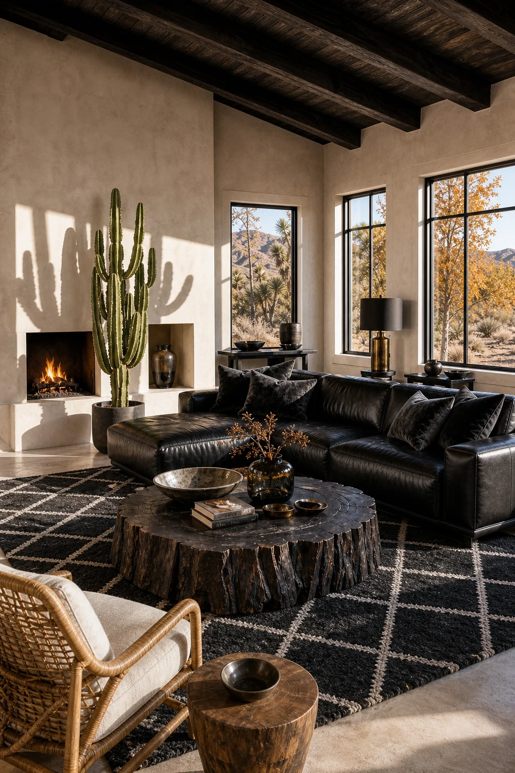 Wide seating vignette showing a black leather sofa, ebonized wood table, geometric rug, adobe walls, and an ebonized wood beamed ceiling.