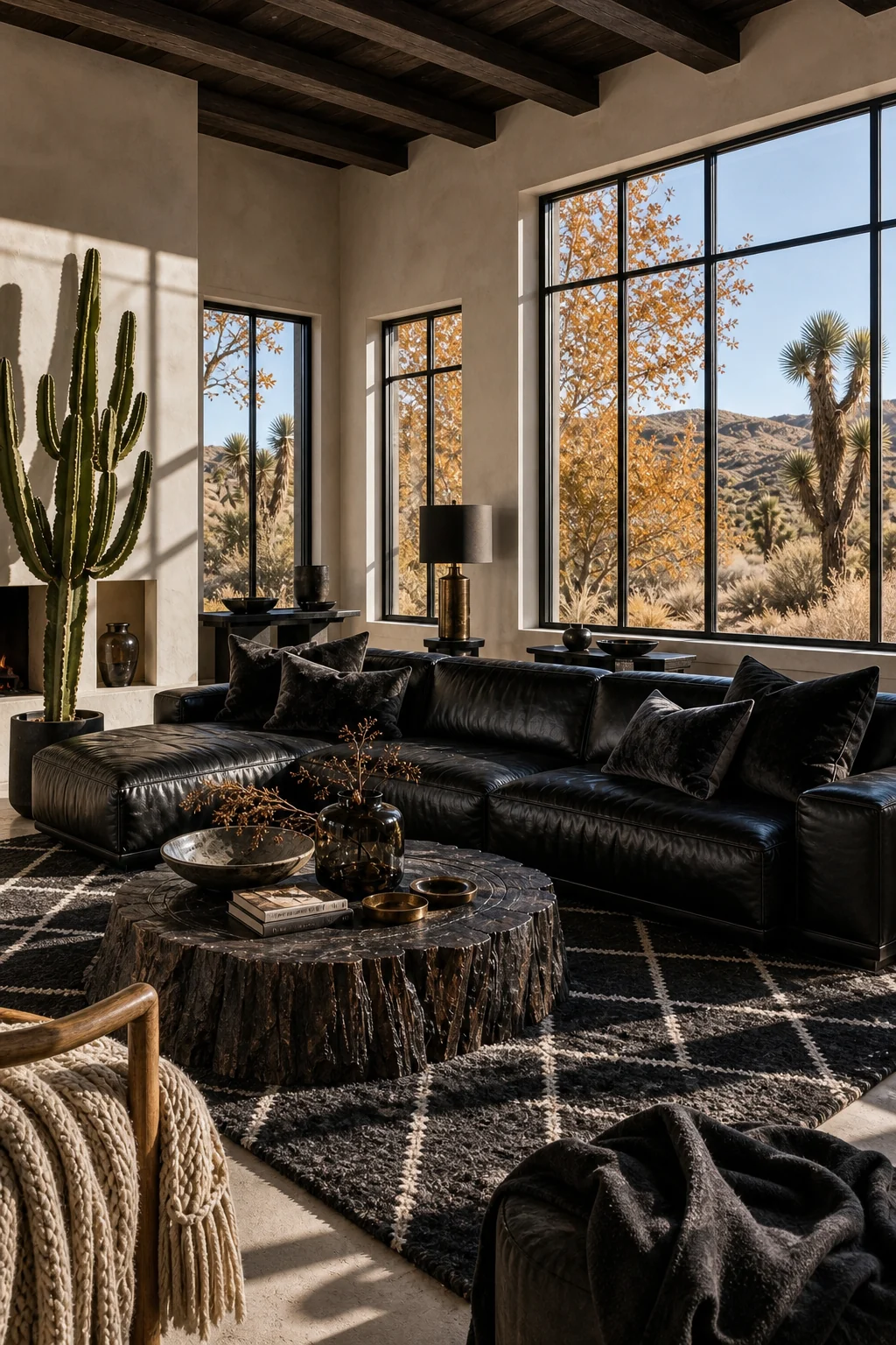 Corner view of large black steel-framed windows revealing autumn scrub oak and Joshua trees, with sunlight casting sharp shadows across a dark charcoal rug.