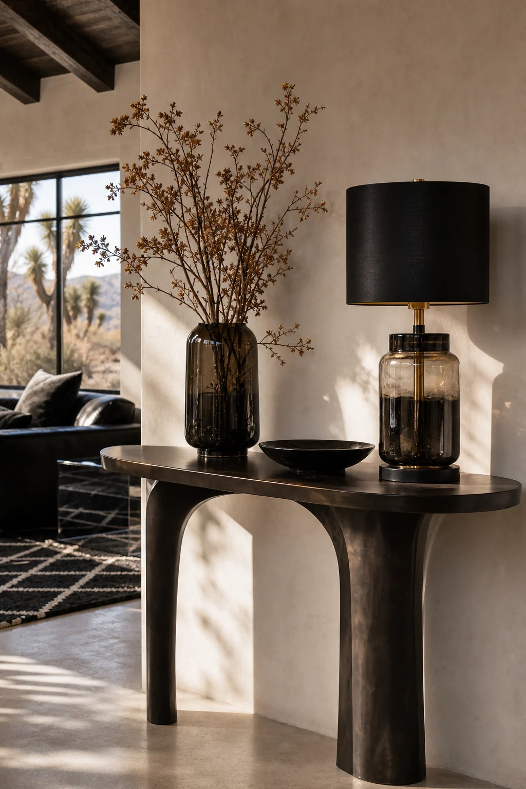 Detail shot of a dark bronze console table against a bone-white adobe wall, styled with a smoked glass lamp and dried desert flora.