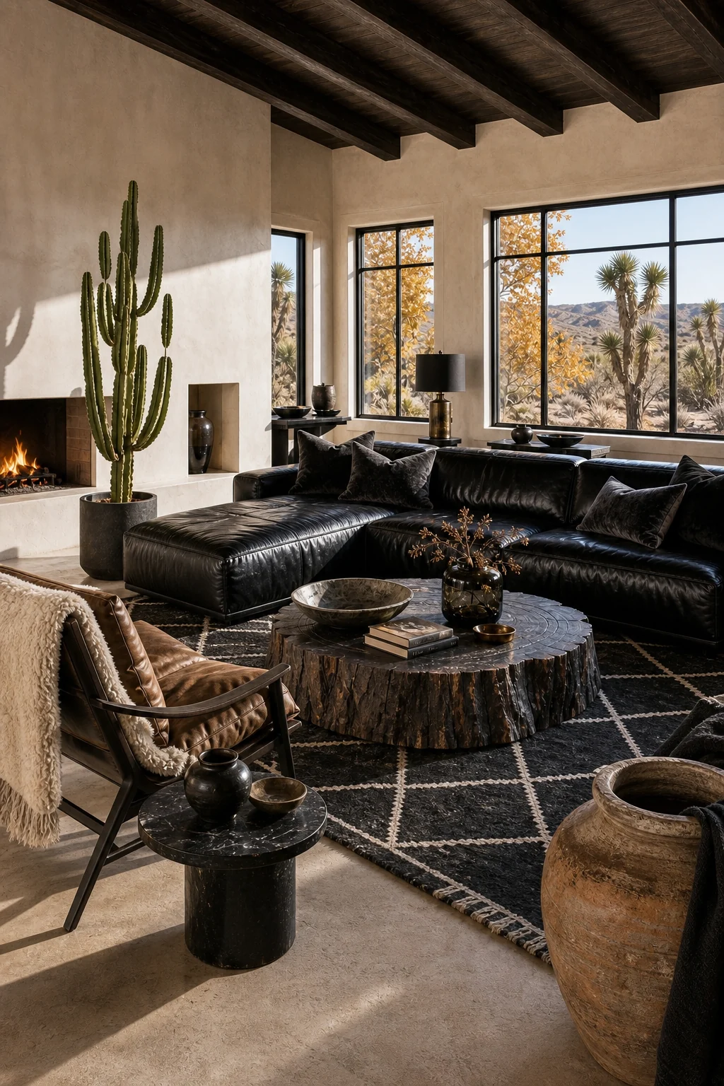 Generous full-room view from a low angle showing the black leather sofa, ebonized ceiling beams, adobe walls, and cactus in perfect balance.