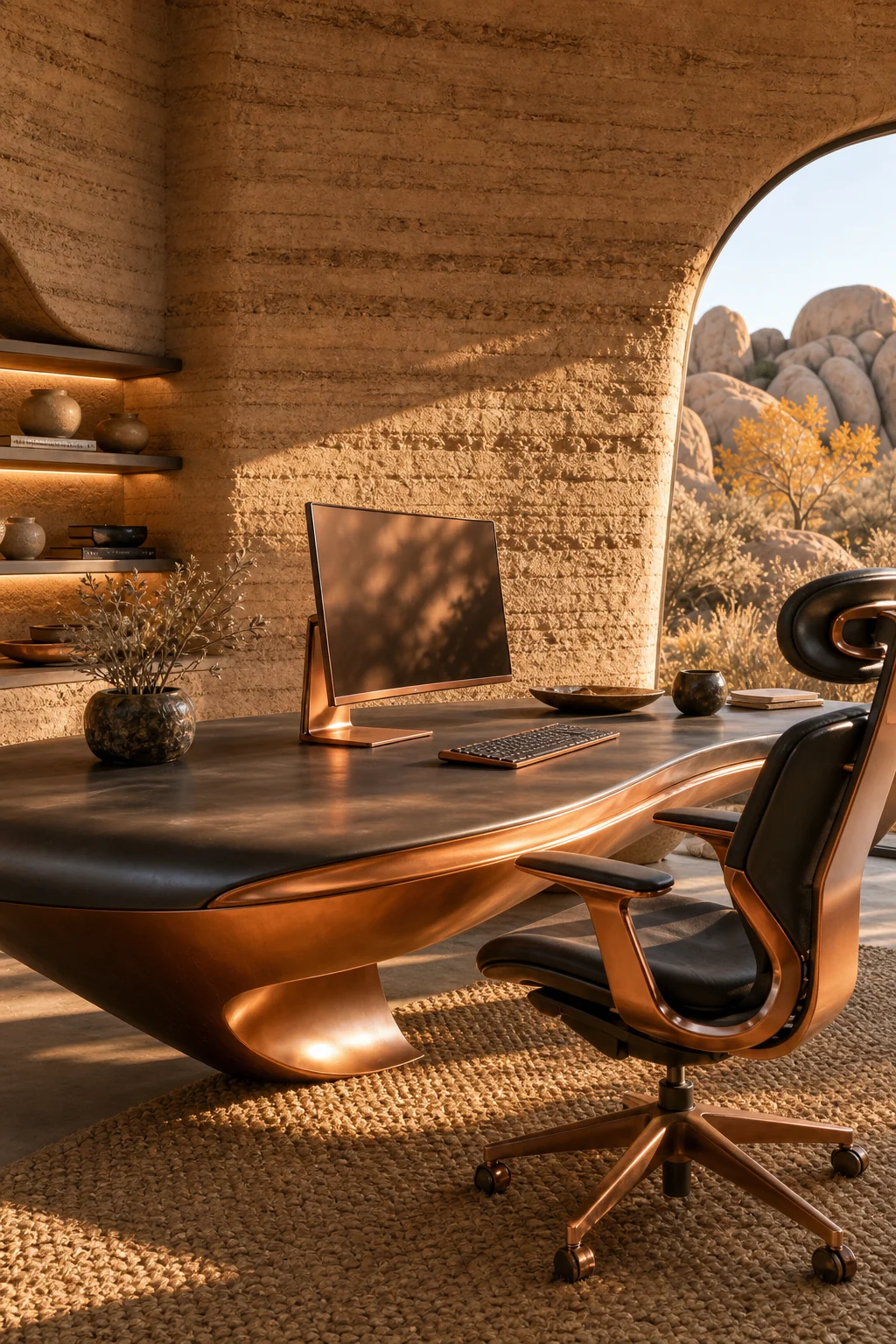 Rammed earth wall featuring a sleek brushed copper monitor.