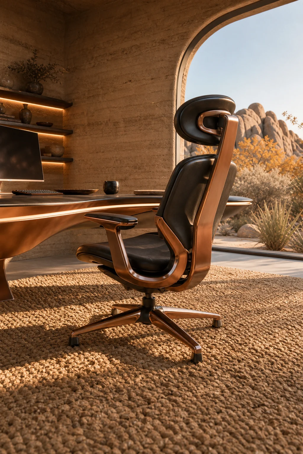 Sculptural zero-gravity chair resting on a woven sand-colored rug.