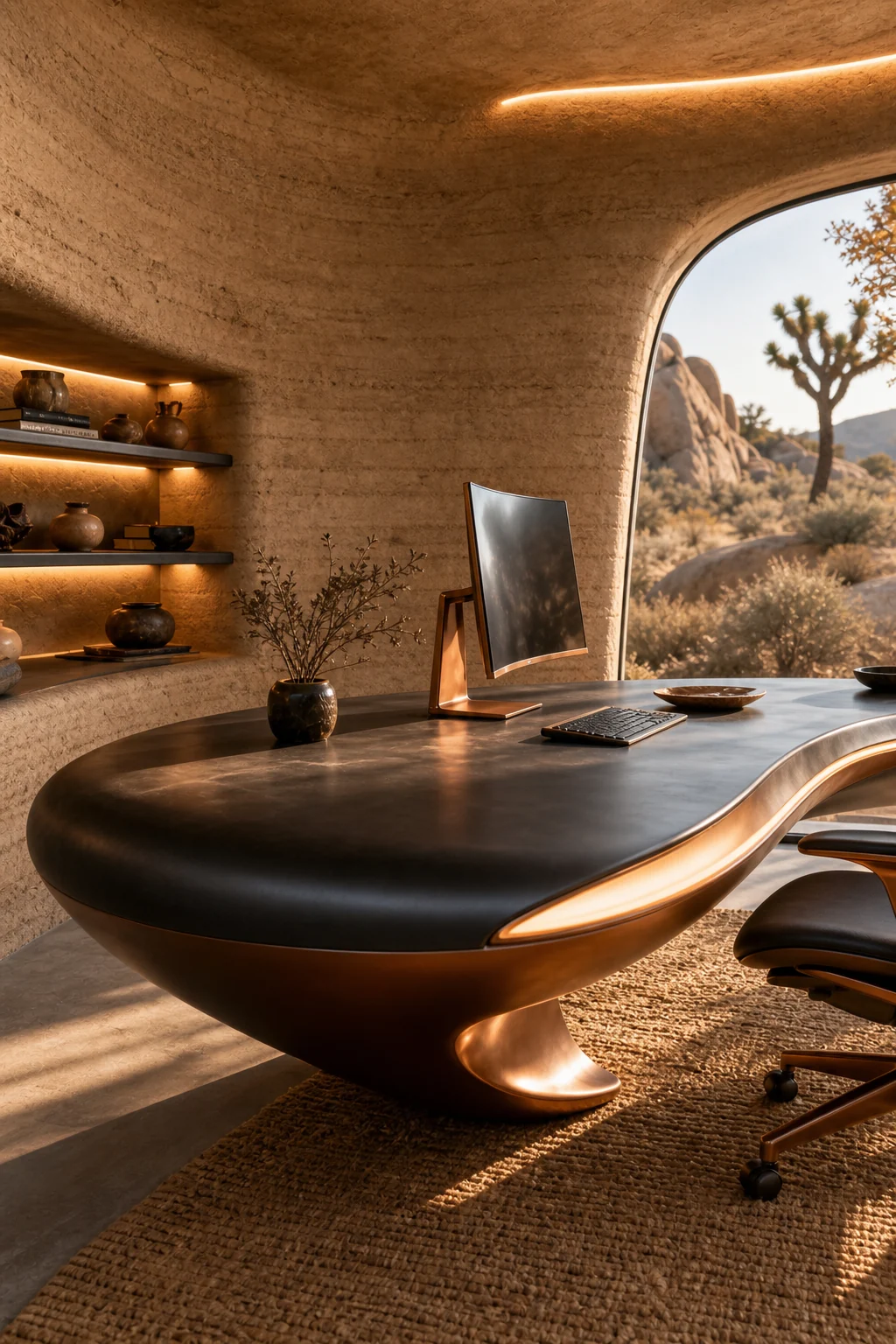 Aerodynamic desk curve echoing a wind-sculpted plaster wall corner.