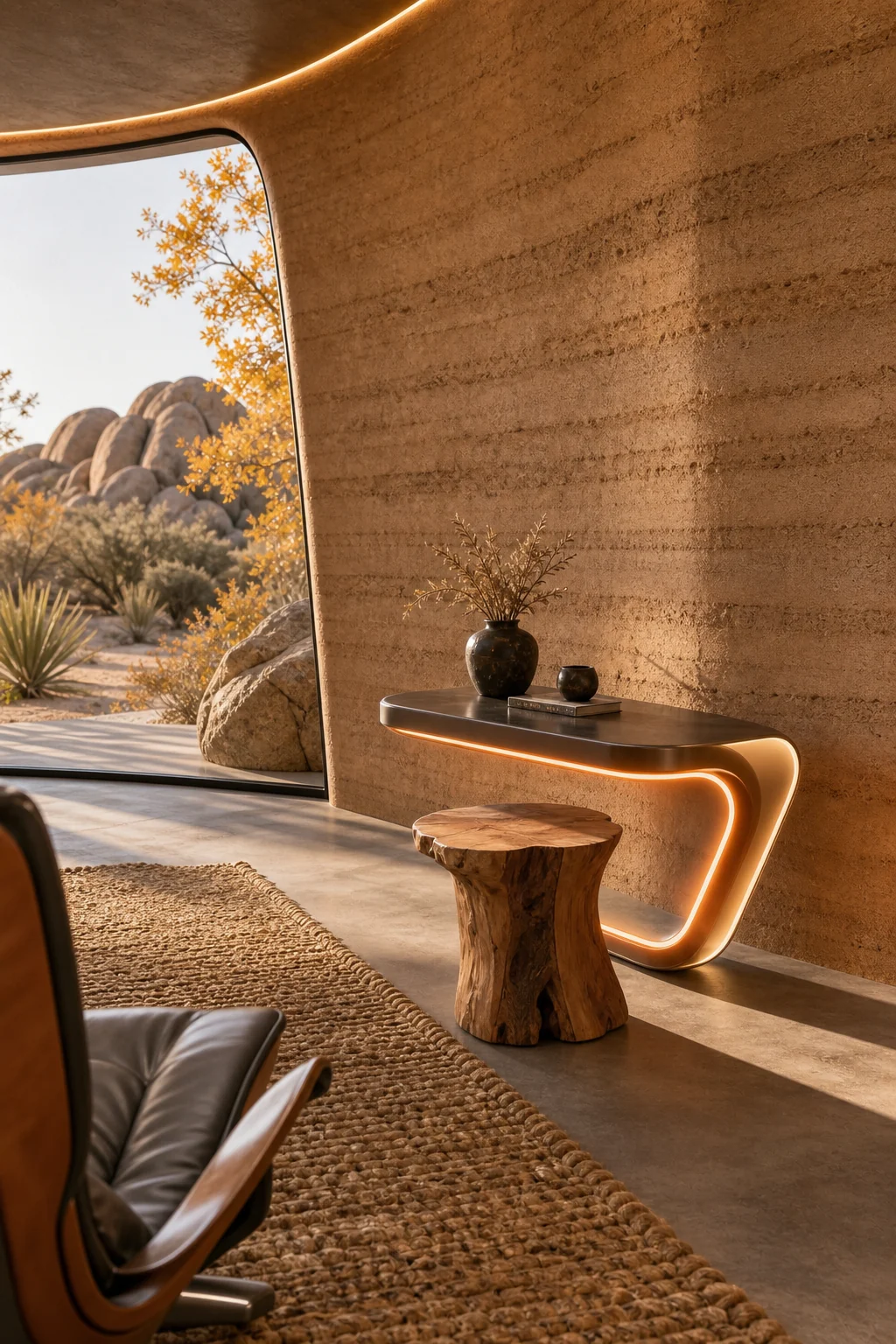 Secondary lounge area with a cantilevered table and earthy walls.