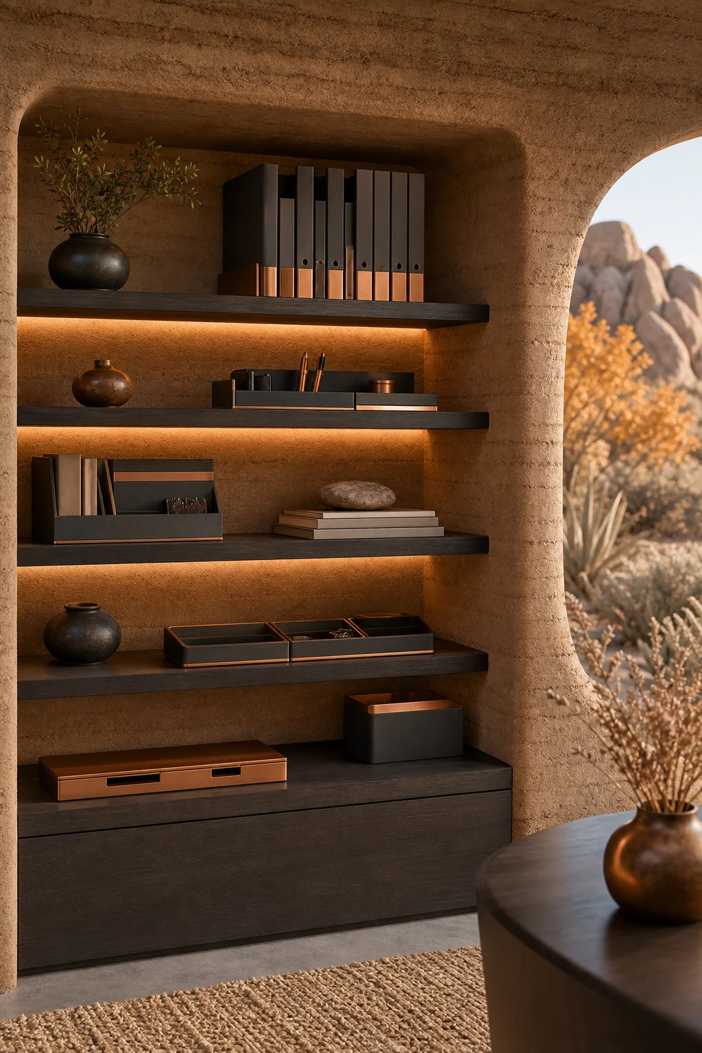 Built-in rammed earth shelves displaying matte charcoal tech organizers.