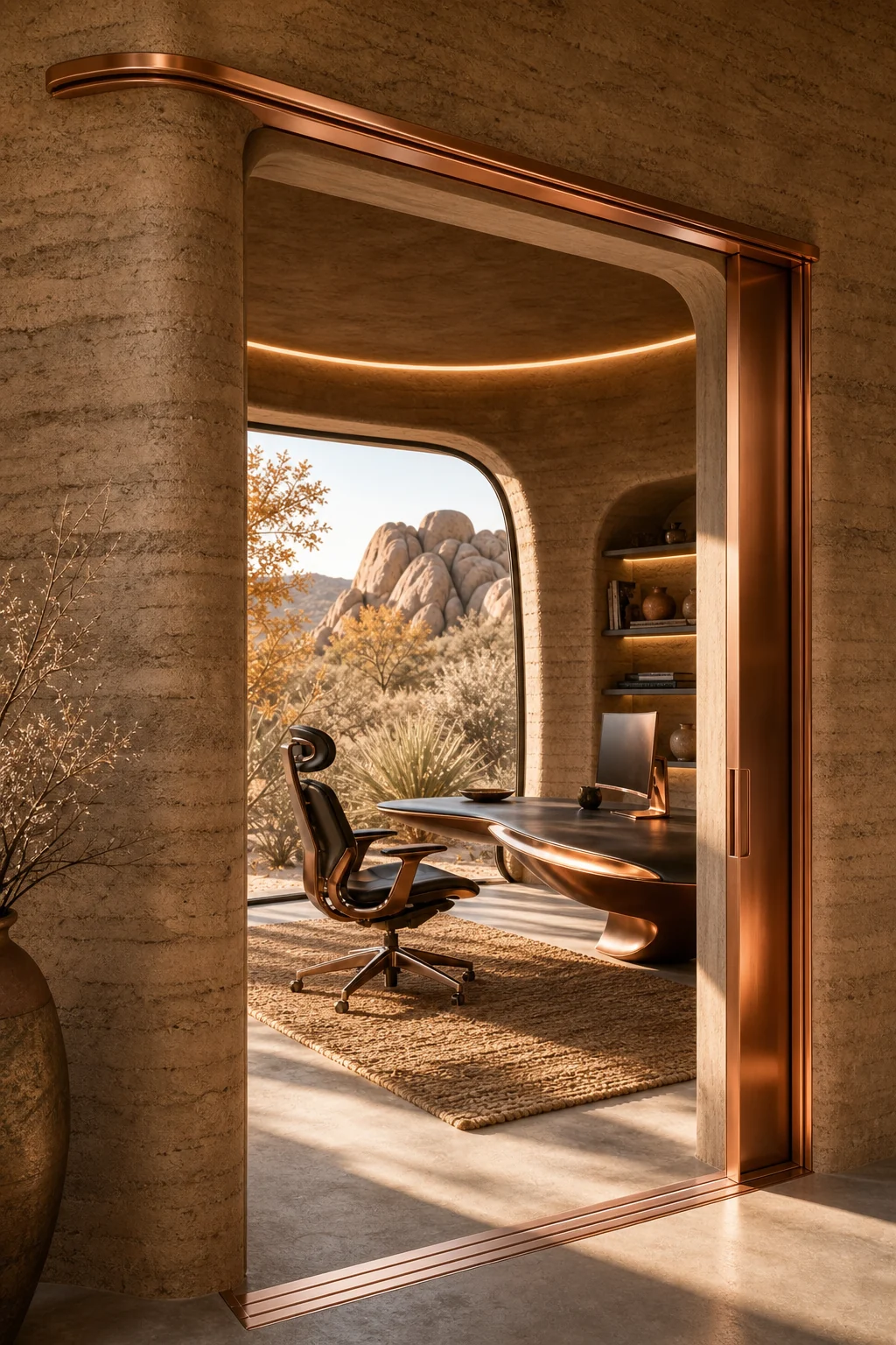 Futuristic sliding door track mounted on a rugged earthy wall.