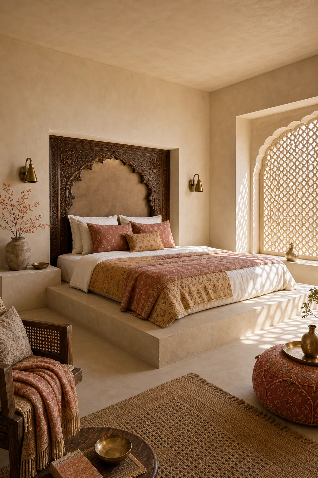 A low sand-colored masonry platform bed meets an intricately carved antique teakwood headboard recessed in a bare plaster wall.