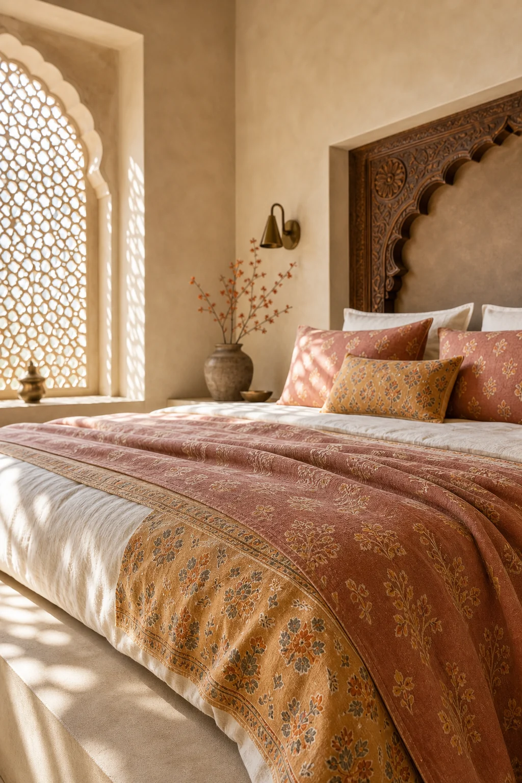 Close-up of faded saffron and dusty rose block-printed silk bedding draped over a stark concrete bed base.
