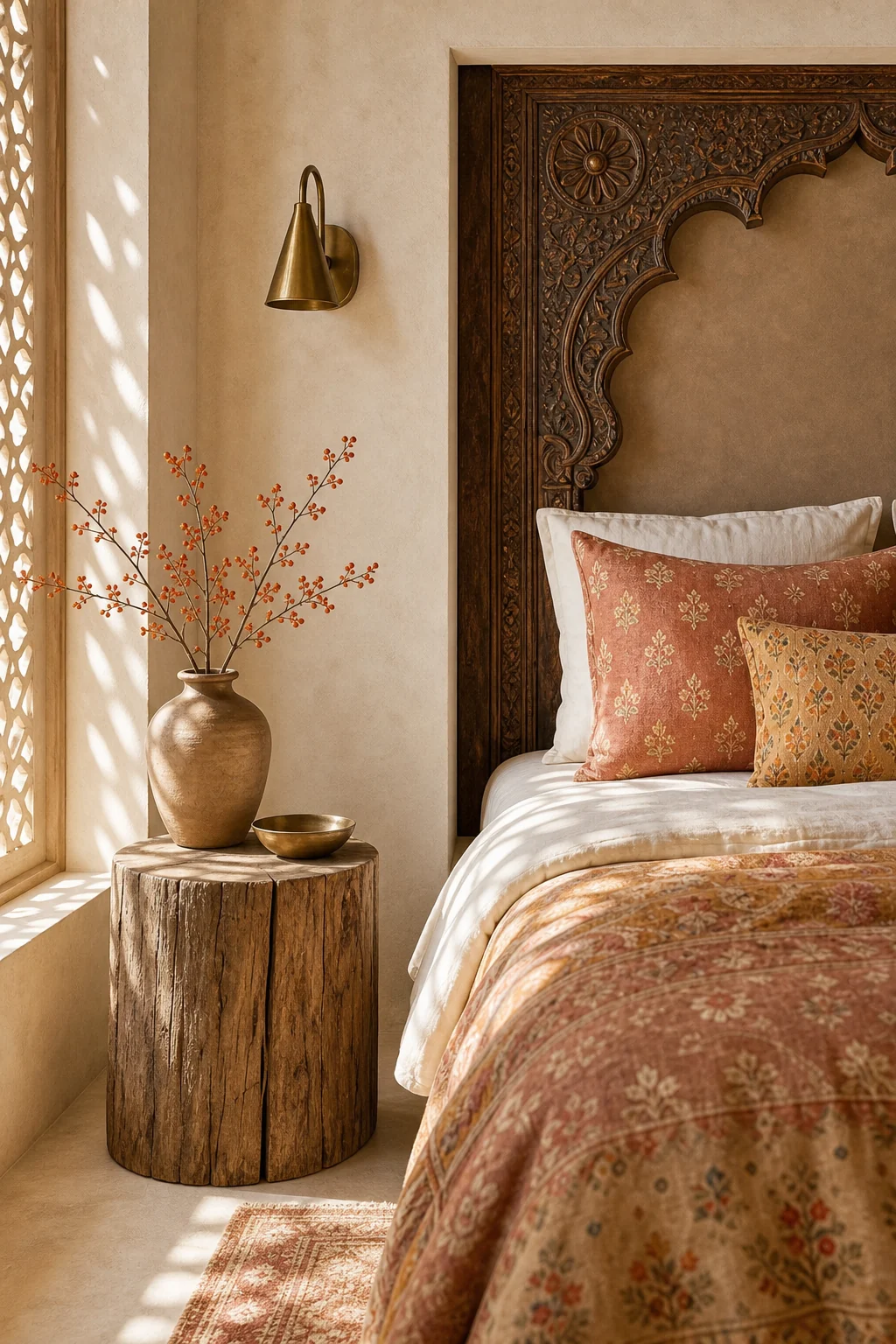 A raw organic wood stump side table holding a simple matte brass sconce against a sand-colored lime plaster wall.