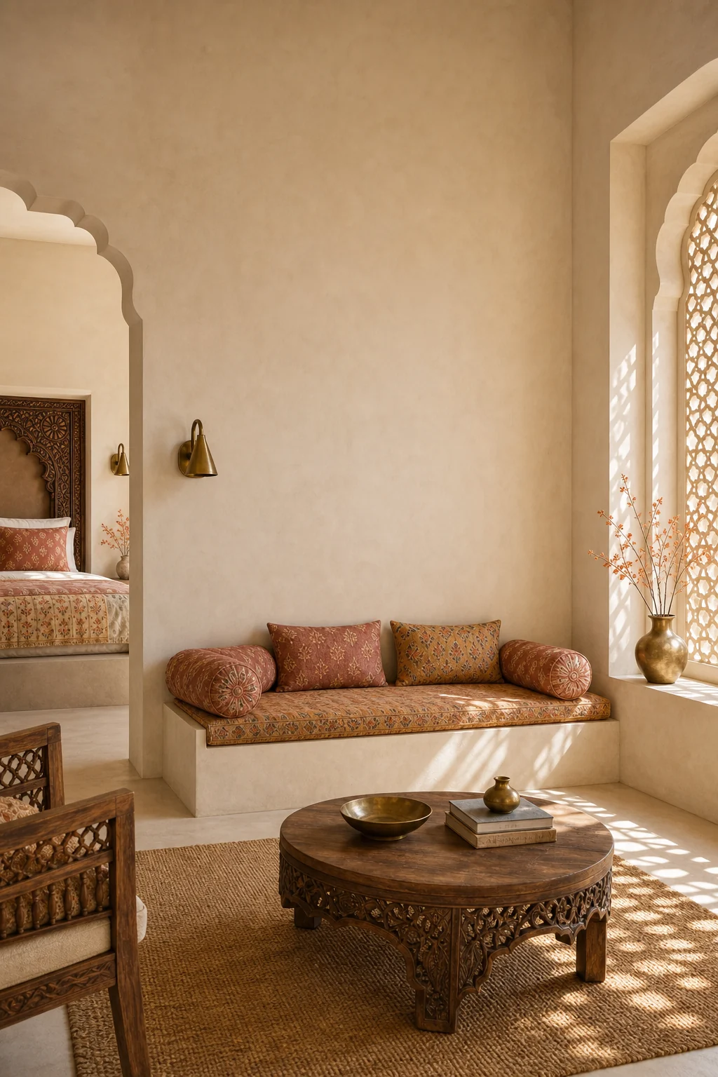 A low, unadorned plaster bench topped with faded saffron jewel-toned silk bolsters in a sunlit room.