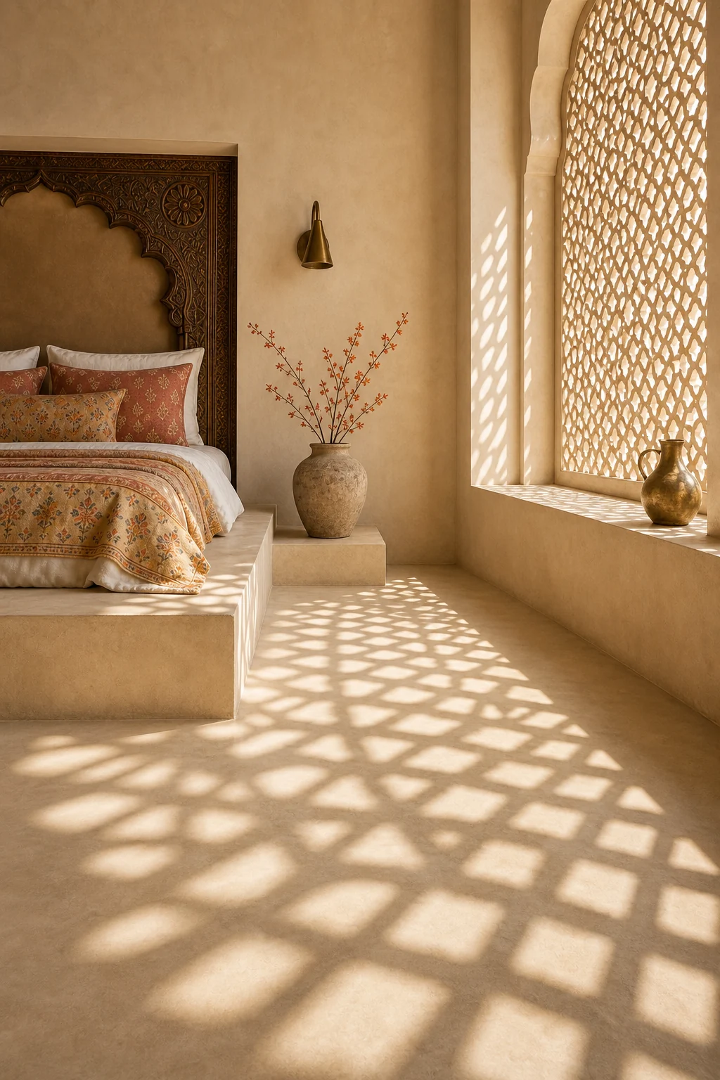 Warm autumn sunlight filtering through a traditional sandstone jali screen, casting sharp geometric shadows on a bare plaster floor.