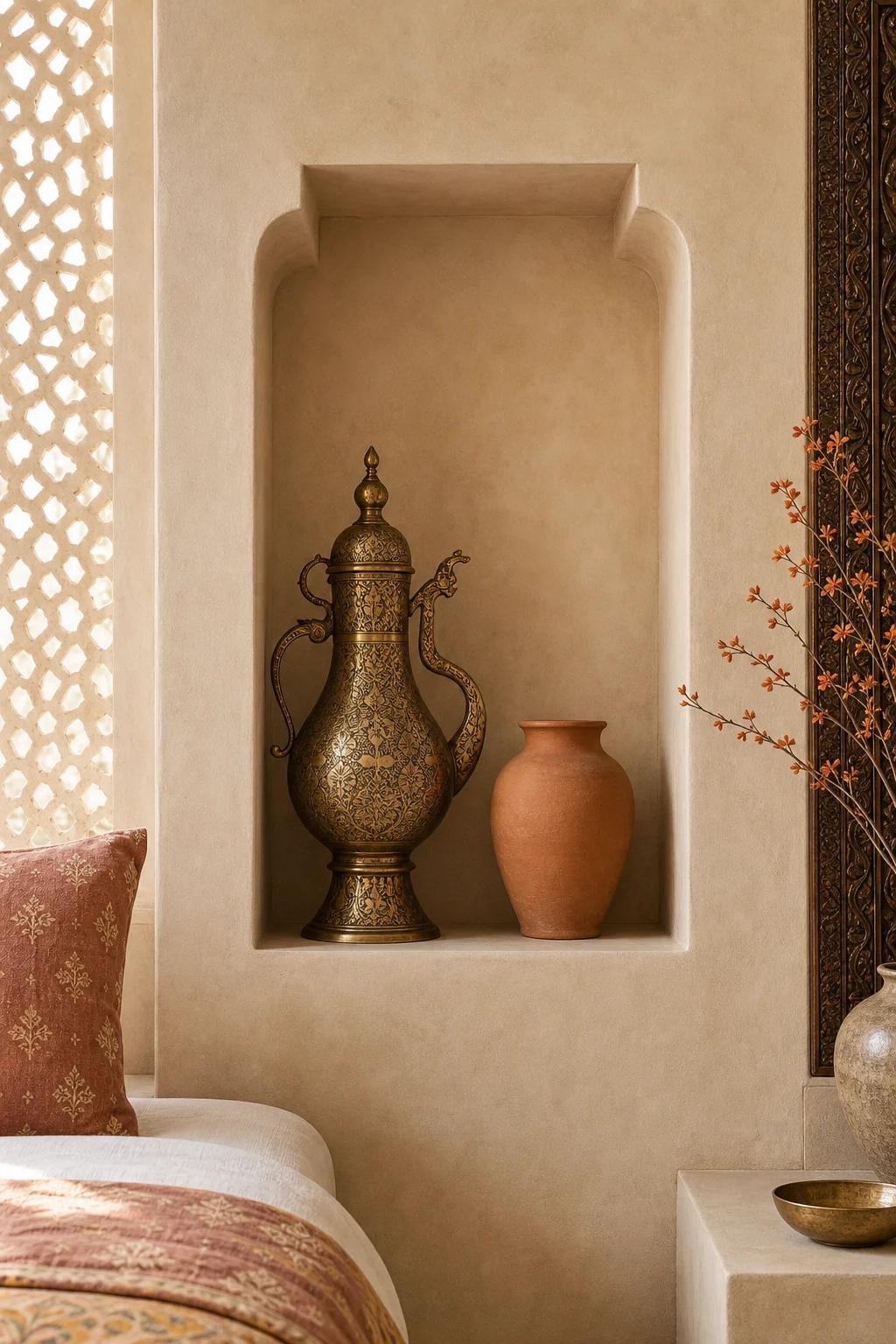 A built-in minimalist wall niche displaying a single antique brass palace urn and a matte terracotta vase.