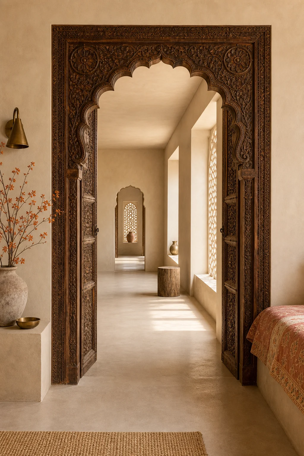 An arched doorway with intricate palace carving leading into a stark, empty plaster hallway.