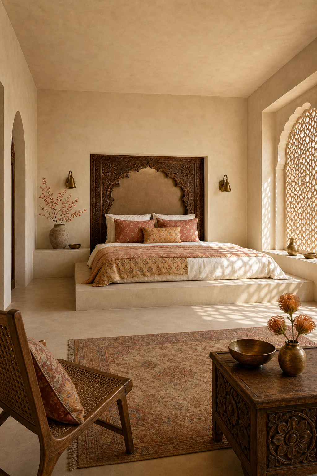 Wide shot from the foot of the bed showing a balanced room with a carved headboard, faded silk bedding, and bare plaster walls.