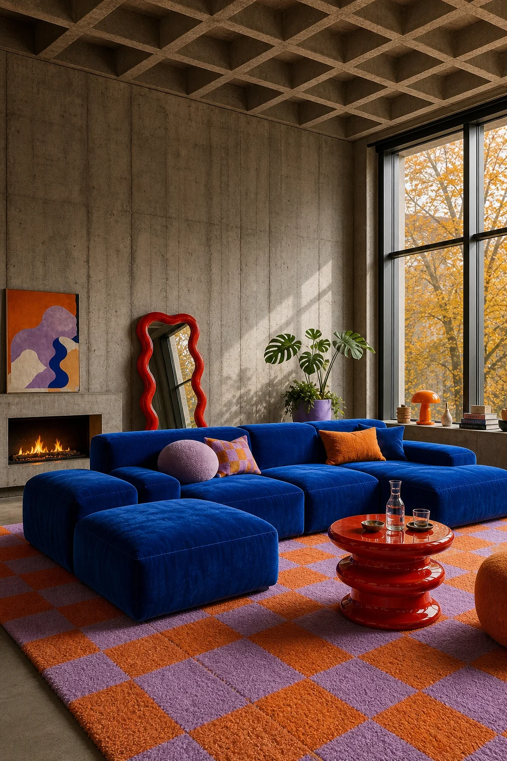A massive cobalt blue chunky velvet modular sofa sits against a raw board-formed concrete wall.