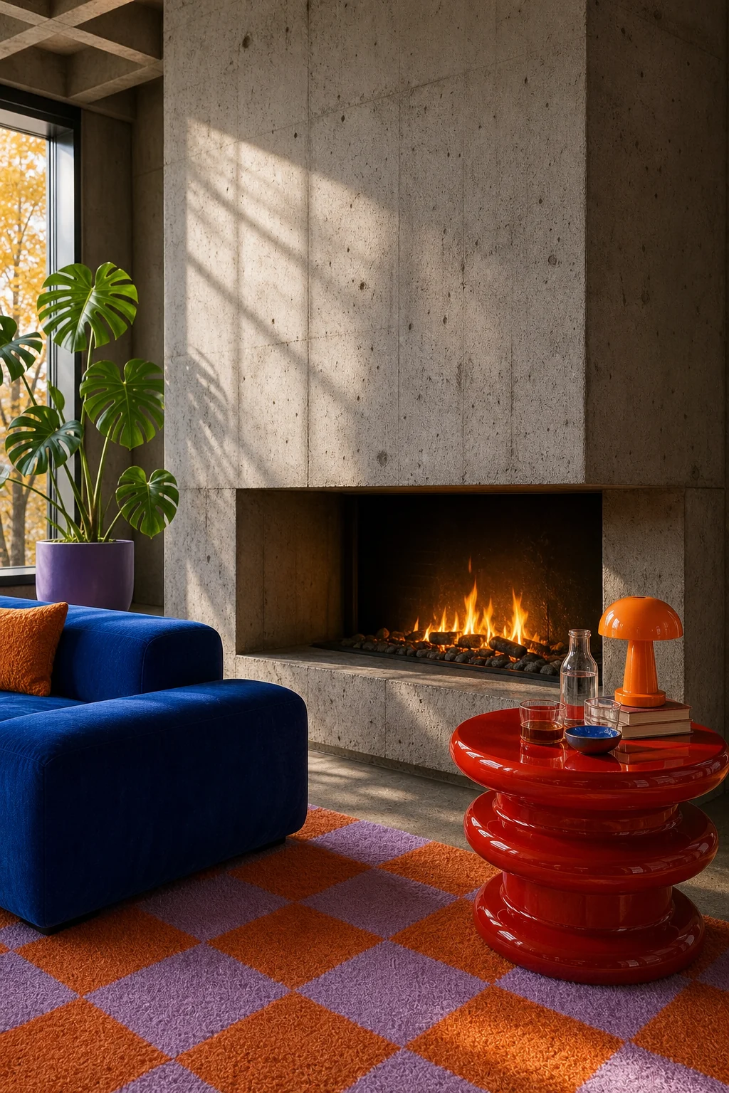 A monumental monolithic concrete fireplace with a glossy cherry-red sculptural side table nearby.