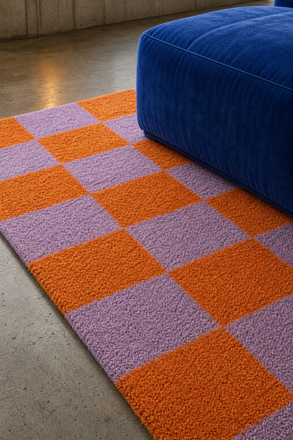 Close up of a lilac and tangerine checkerboard plush wool rug meeting a polished concrete floor.