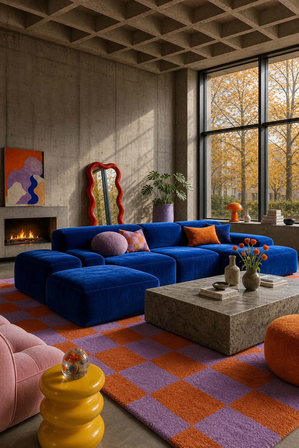 A generous room view showing a cobalt blue sofa, checkerboard rug, and heavy concrete coffee table.