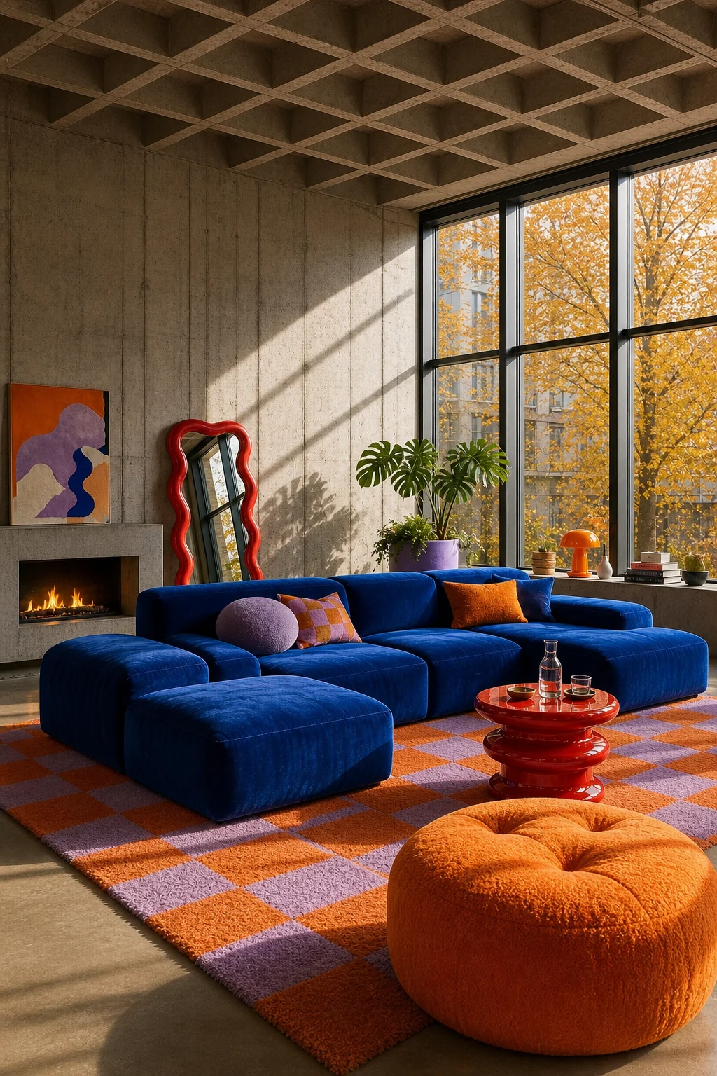 Heavy steel-framed floor-to-ceiling industrial windows casting soft golden autumn sunlight across the room.