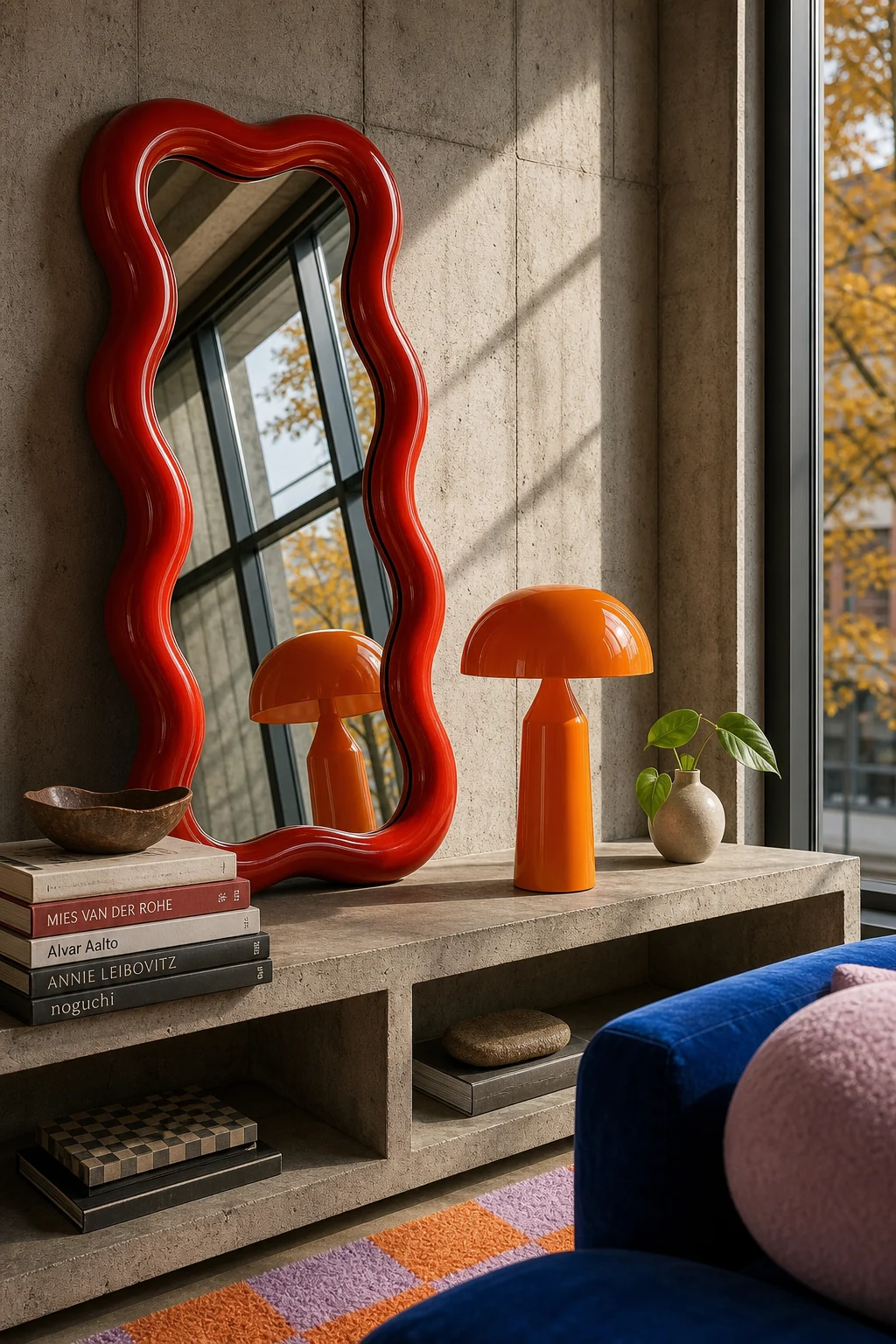 A wavy, playful neon-edged floor mirror leaning against an exposed concrete waffle-slab wall.