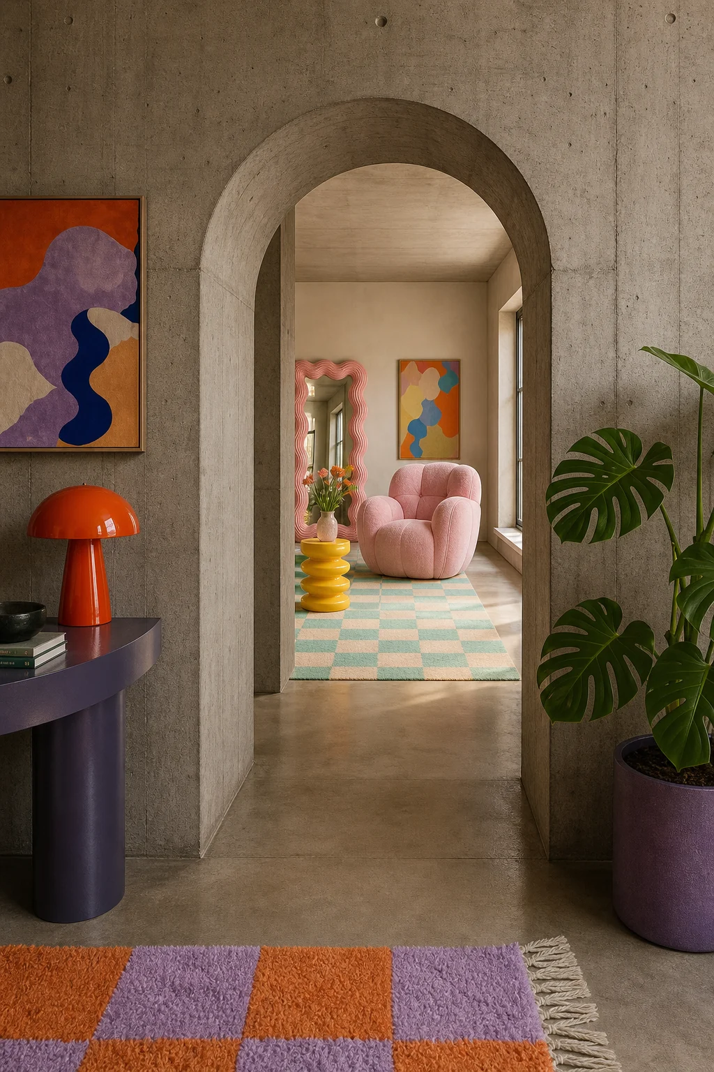 A hallway passage showing a raw concrete archway framing a vibrant pastel pink chunky armchair.