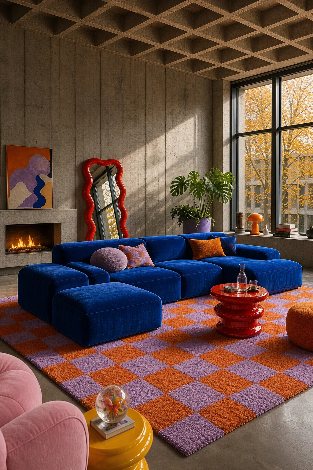 A balanced, lived-in wide shot showing the waffle-slab ceiling, concrete walls, and vibrant sofa.