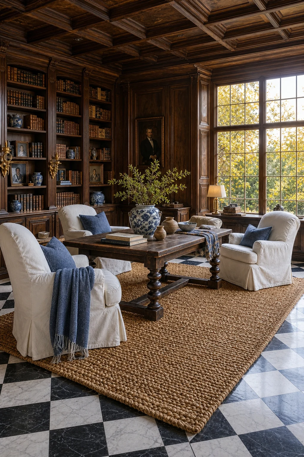 Wide view of dark oak library casework and a checkerboard marble floor softened by a large jute rug.