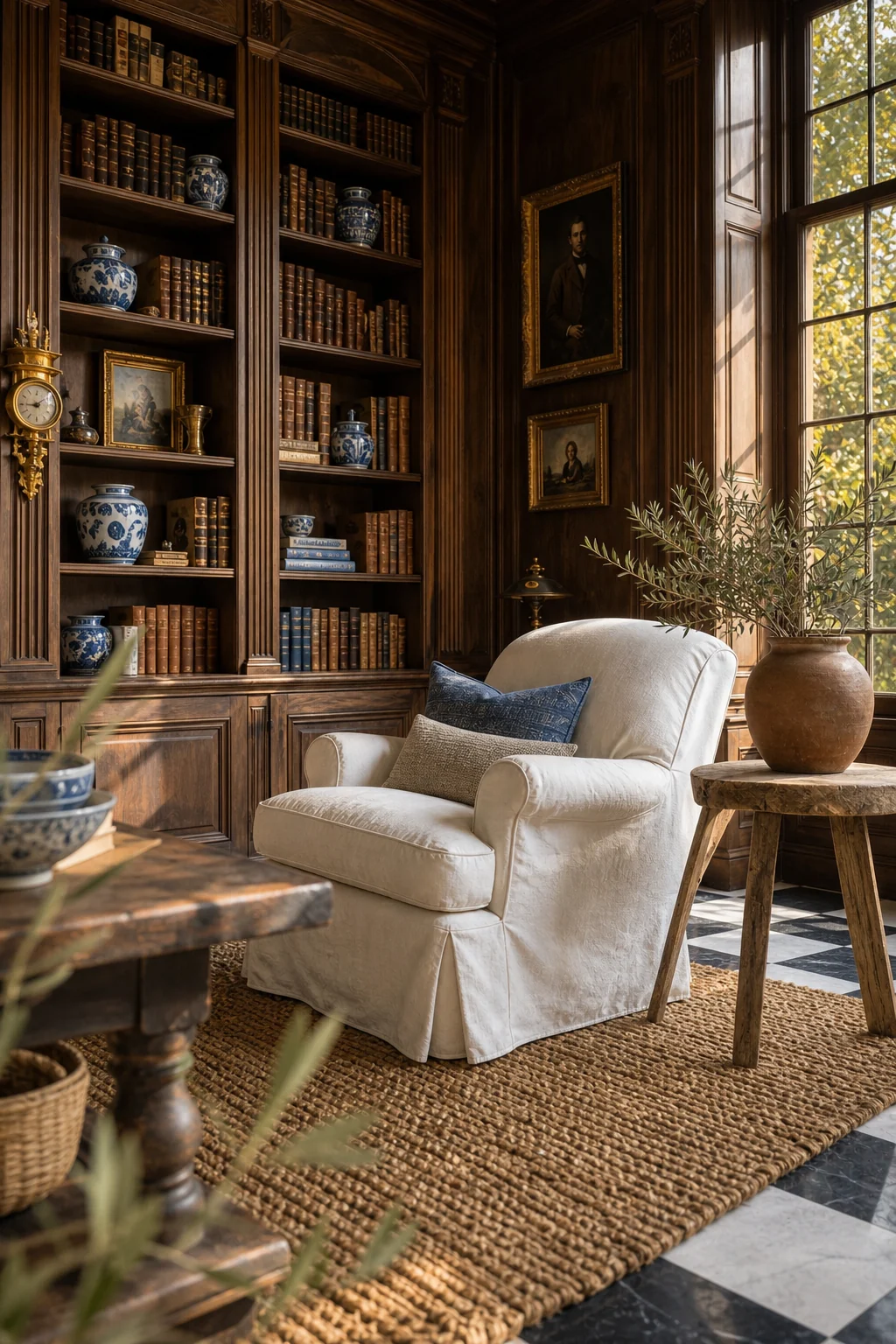 Low-angle view of an oversized white linen slipcovered armchair against dark wood paneling.
