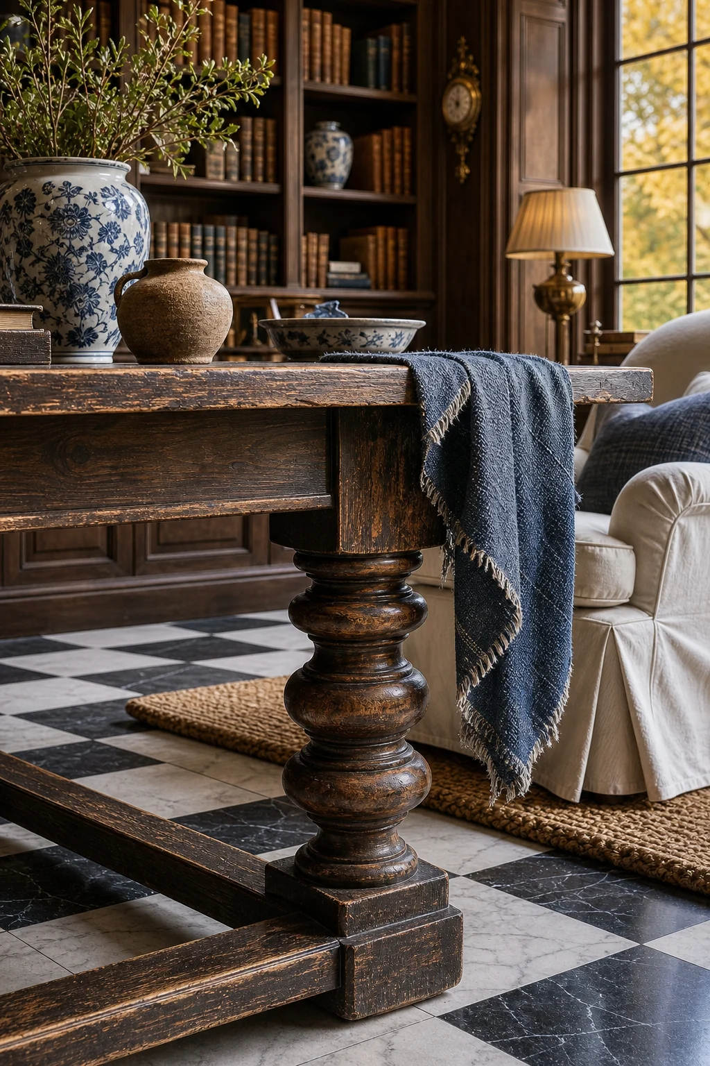 Close-up of a matte dark wood turned table leg draped with a faded indigo textile on a marble floor.