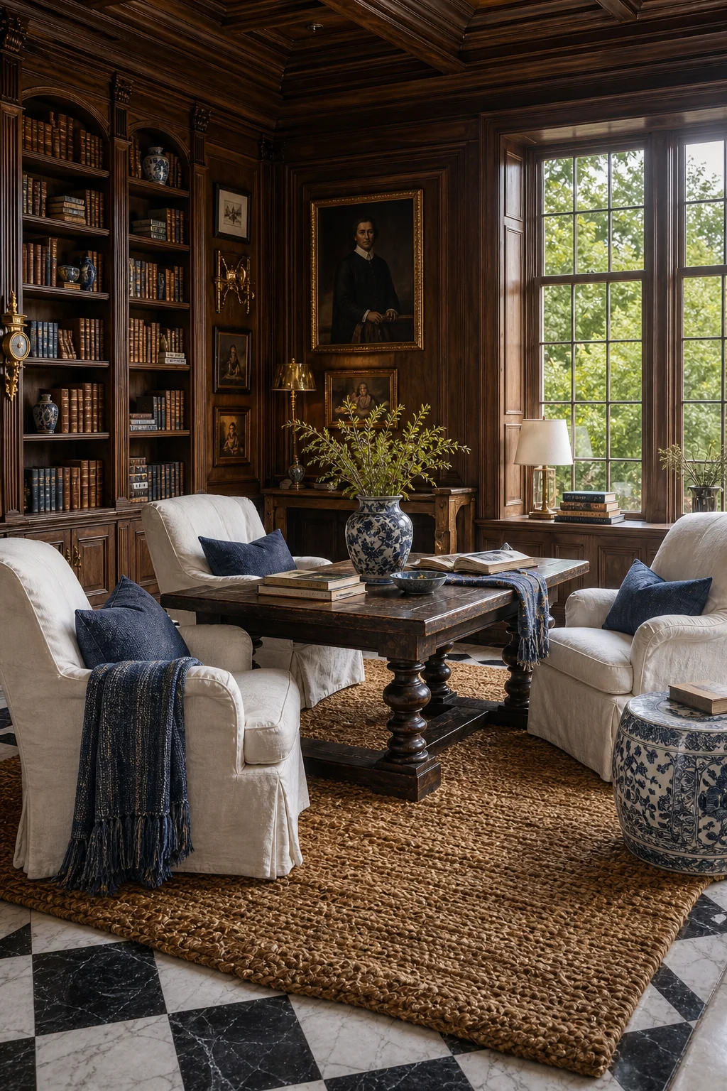 A heavy dark wood library table surrounded by relaxed white linen slipcovered chairs on a jute rug.