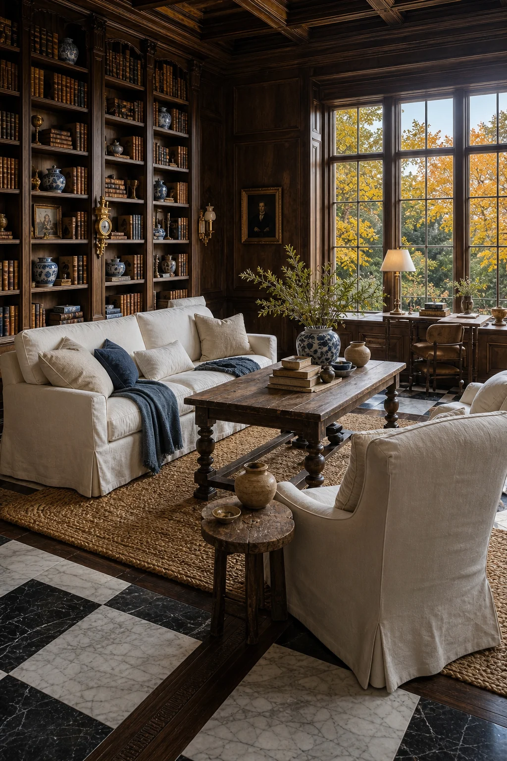 Sunlight streaming through mullioned windows onto a white slipcovered sofa and dark wood floors.