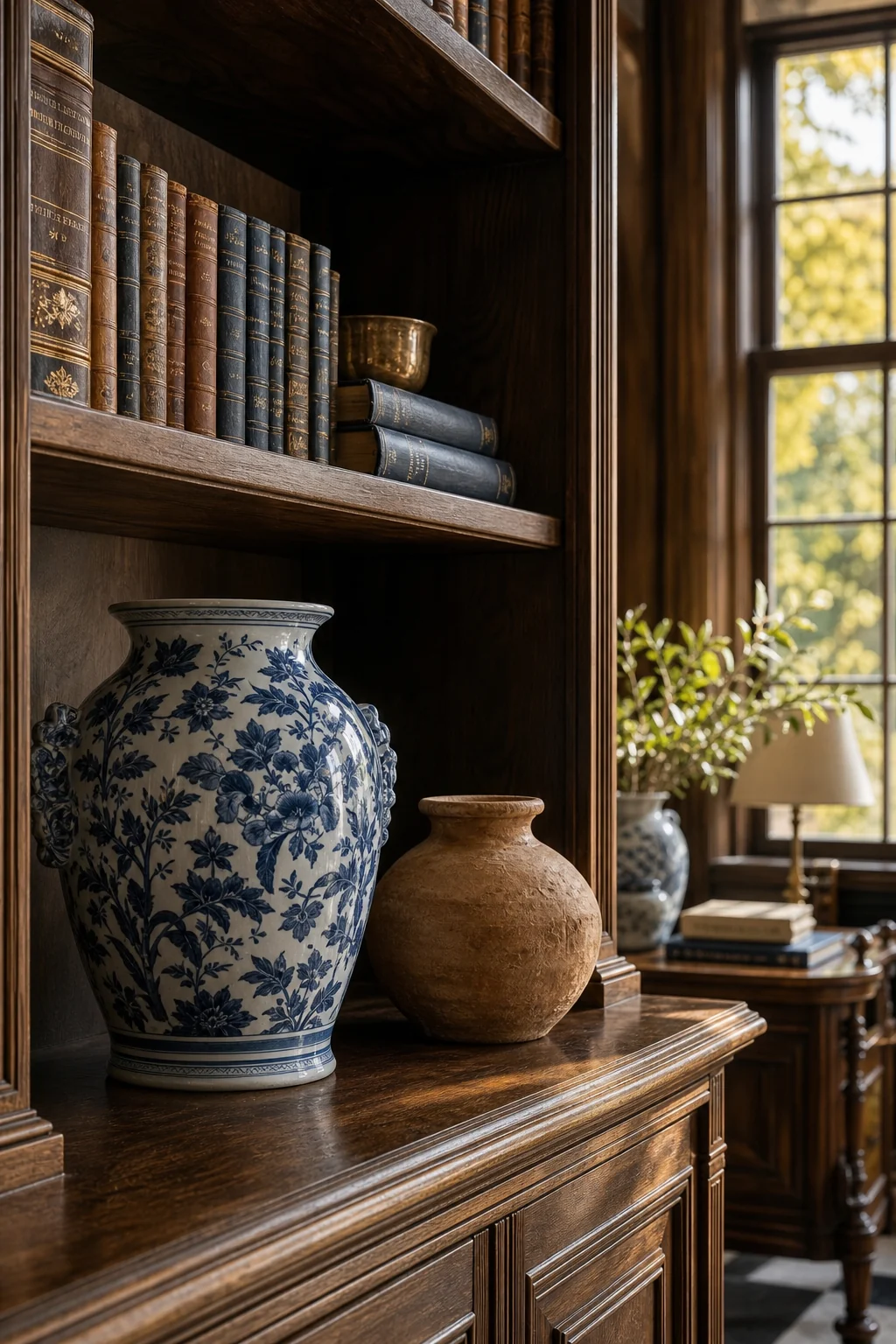A dark oak shelf displaying a traditional blue-and-white Delft vase next to an unglazed terracotta pot.
