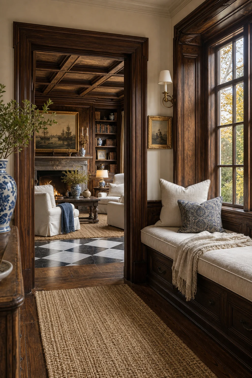 A dark wood built-in window seat styled with white linen cushions and a sisal floor runner.